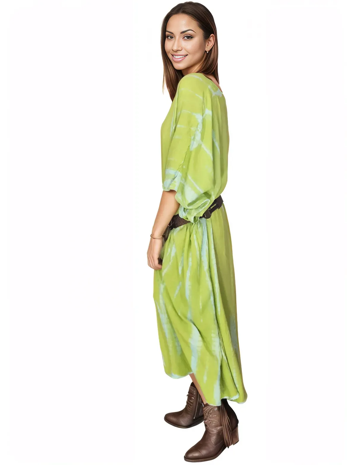 Lime Green Hand-Dyed Tie-Dye Maxi Kaftan Dress – Boho Chic, Flowy and Comfortable