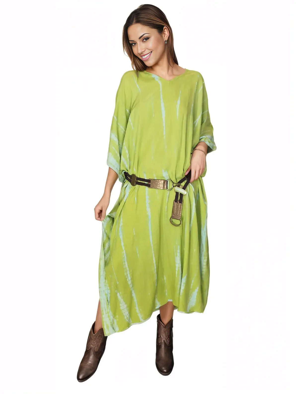 Lime Green Hand-Dyed Tie-Dye Maxi Kaftan Dress – Boho Chic, Flowy and Comfortable