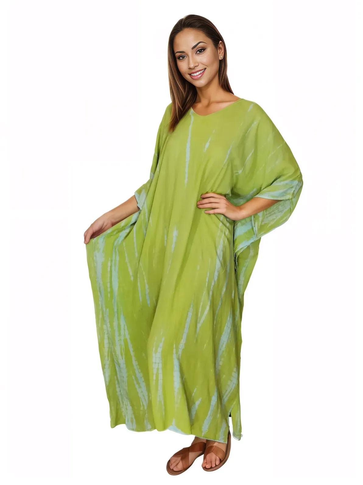 Lime Green Hand-Dyed Tie-Dye Maxi Kaftan Dress – Boho Chic, Flowy and Comfortable