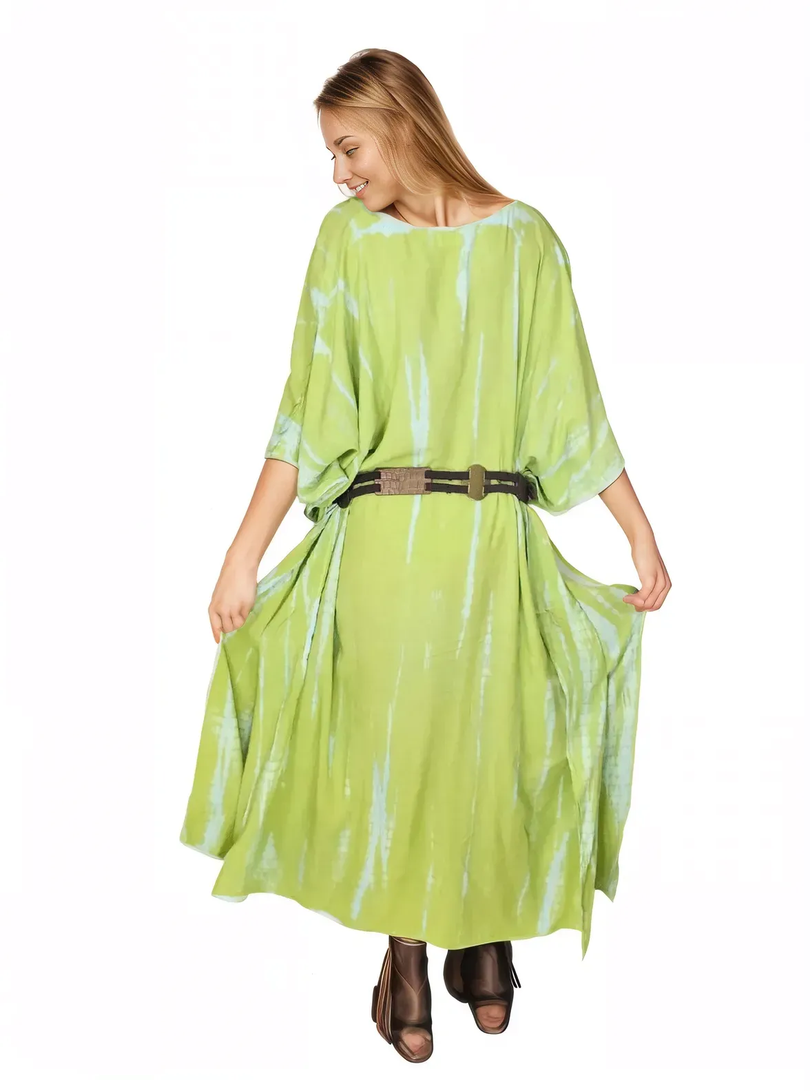Lime Green Hand-Dyed Tie-Dye Maxi Kaftan Dress – Boho Chic, Flowy and Comfortable