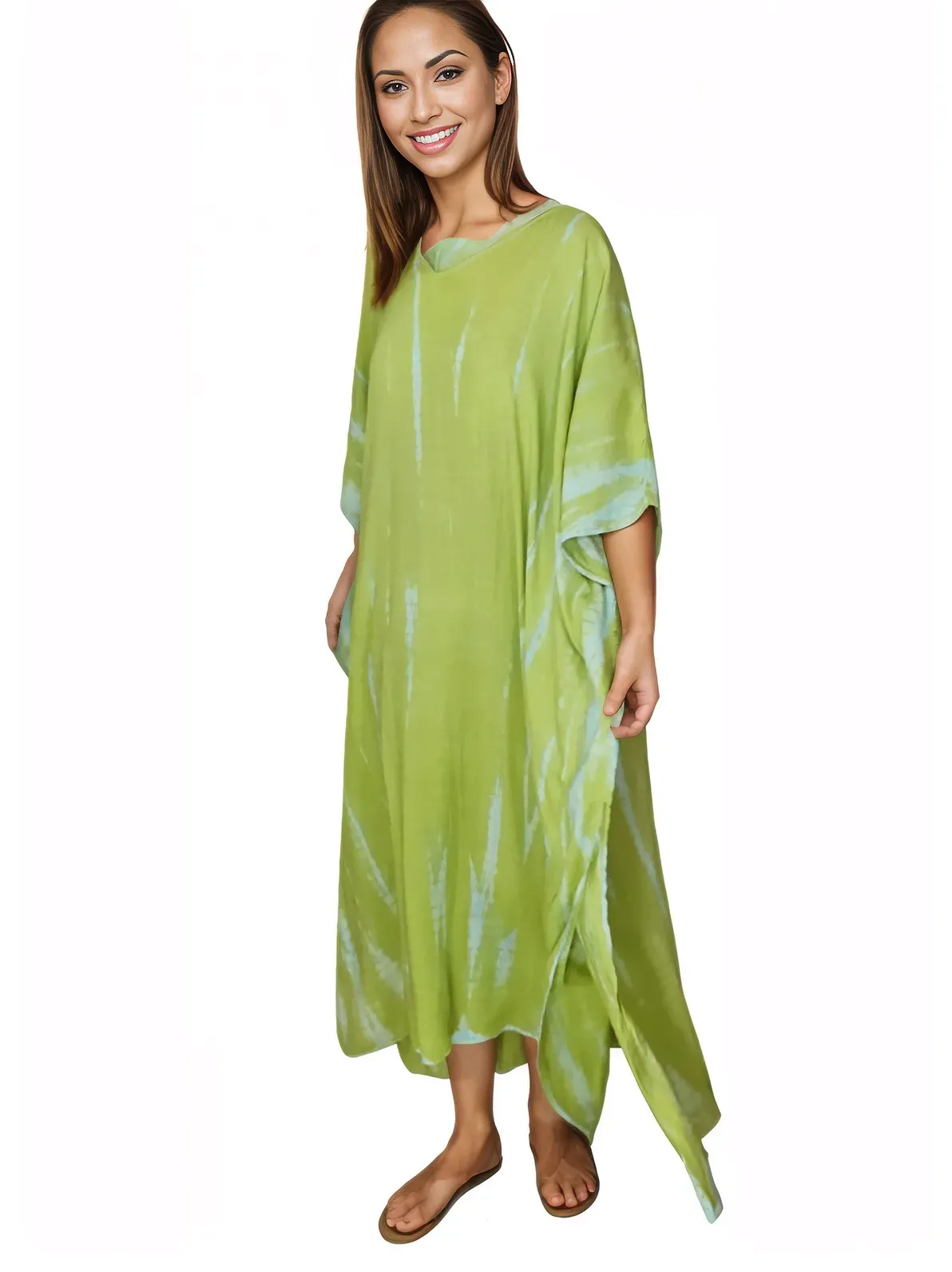 Lime Green Hand-Dyed Tie-Dye Maxi Kaftan Dress – Boho Chic, Flowy and Comfortable