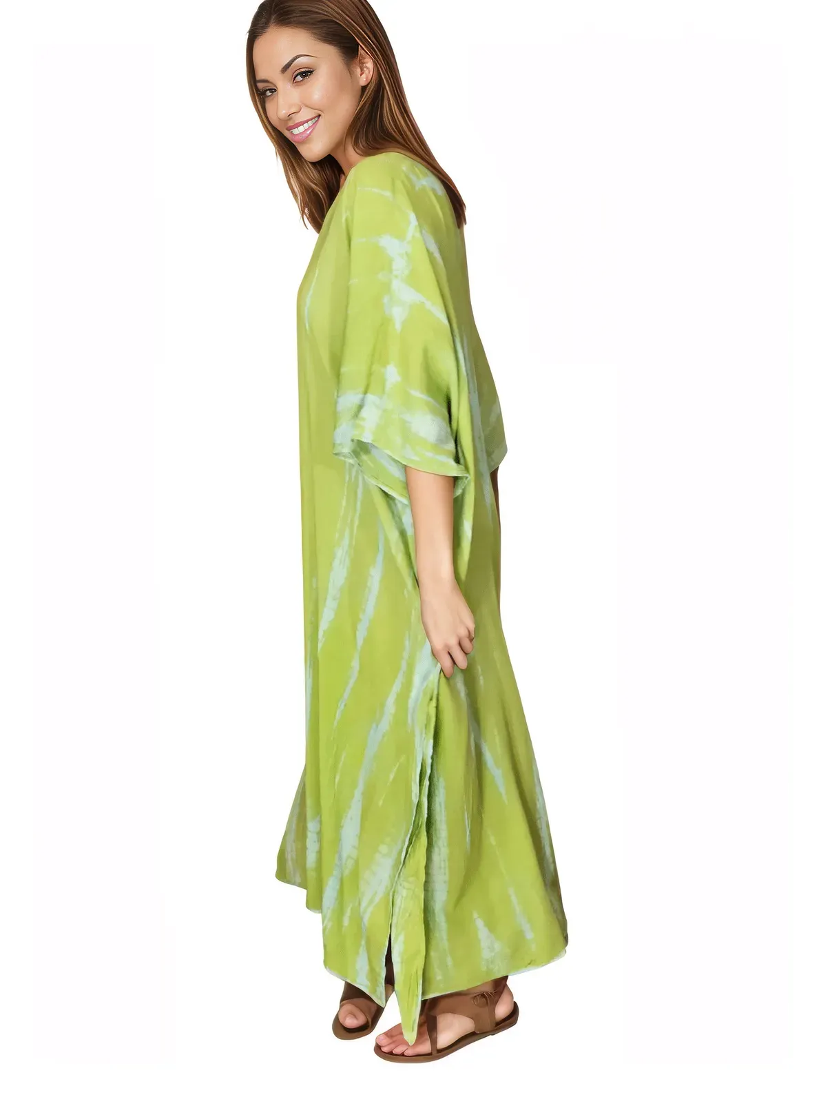 Lime Green Hand-Dyed Tie-Dye Maxi Kaftan Dress – Boho Chic, Flowy and Comfortable