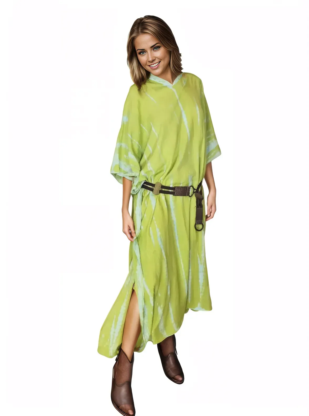 Lime Green Hand-Dyed Tie-Dye Maxi Kaftan Dress – Boho Chic, Flowy and Comfortable