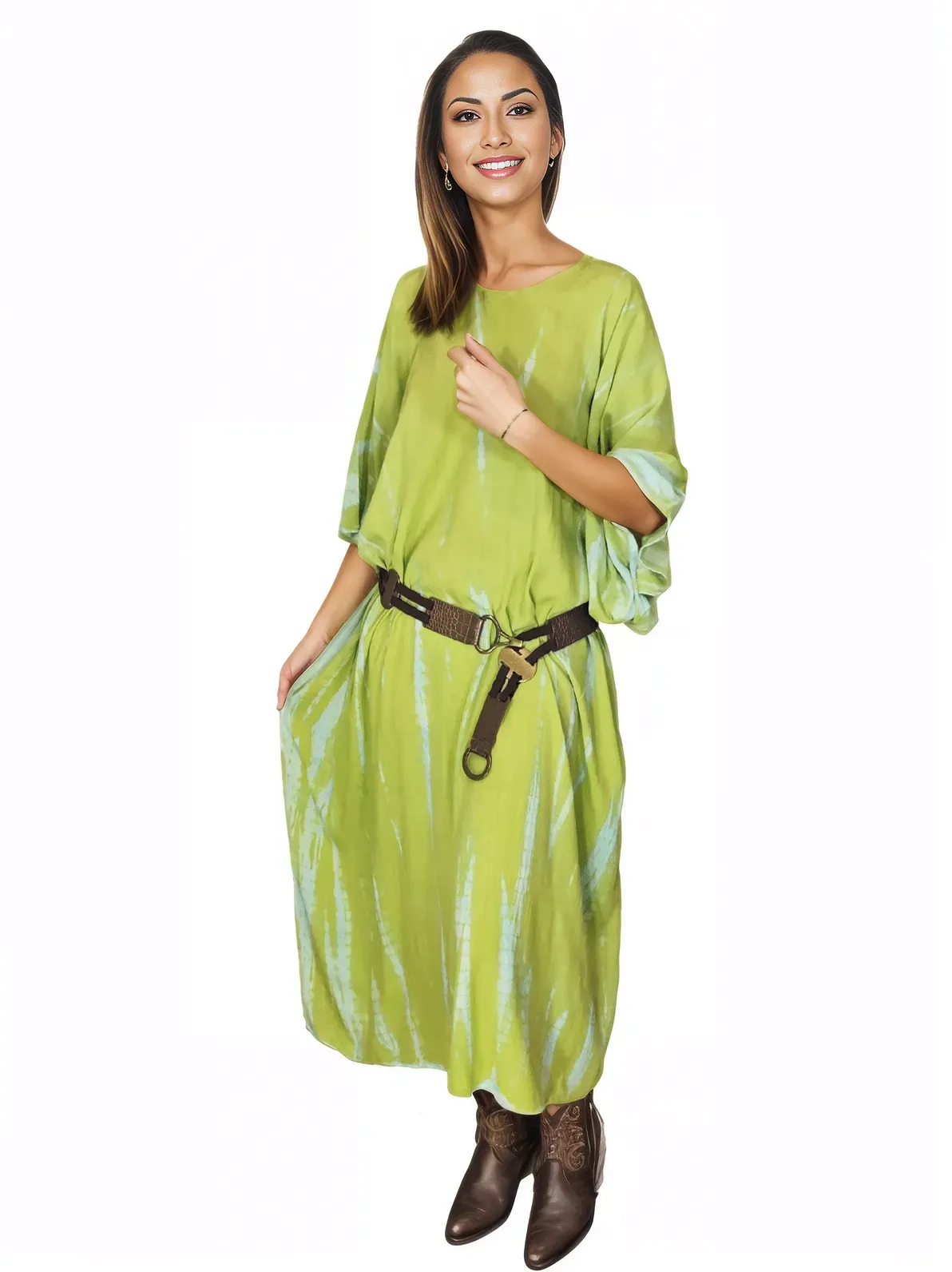 Lime Green Hand-Dyed Tie-Dye Maxi Kaftan Dress – Boho Chic, Flowy and Comfortable