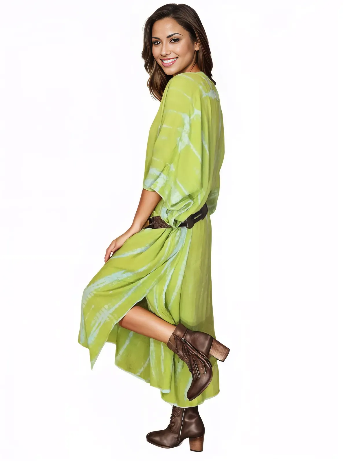 Lime Green Hand-Dyed Tie-Dye Maxi Kaftan Dress – Boho Chic, Flowy and Comfortable