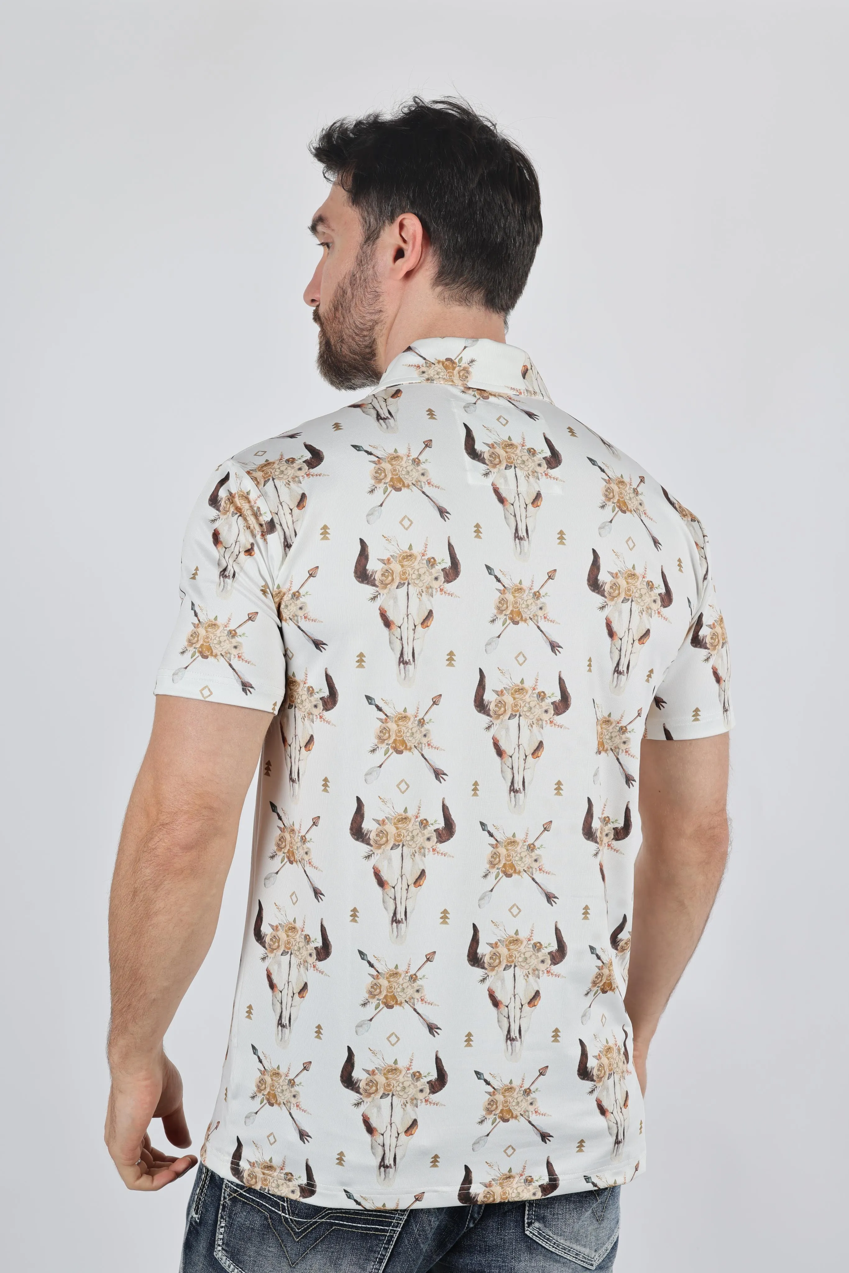 Mens Performance Fabric Modern Fit Stretch Cow Skull Print Polo from Platini Fashion