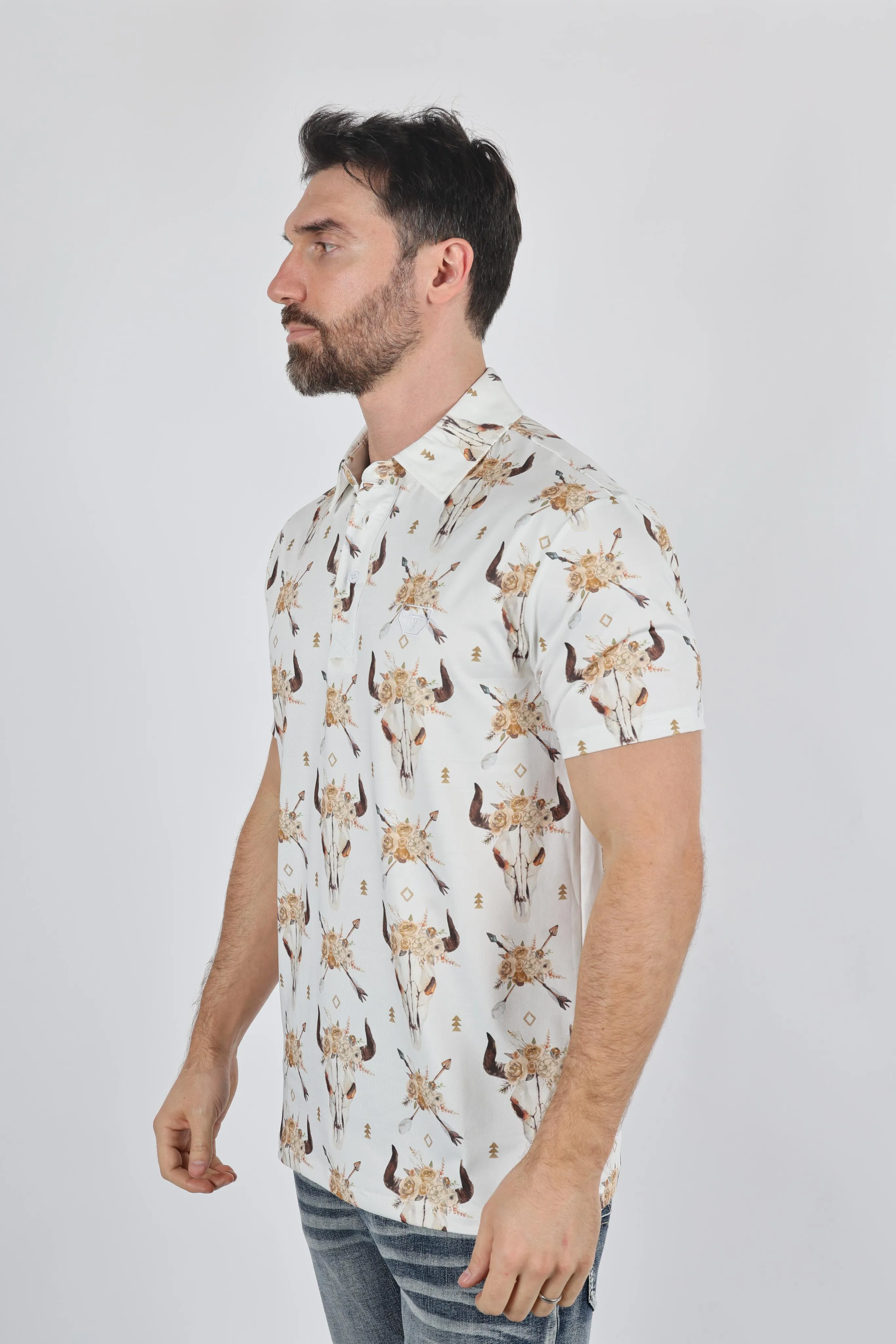 Mens Performance Fabric Modern Fit Stretch Cow Skull Print Polo from Platini Fashion