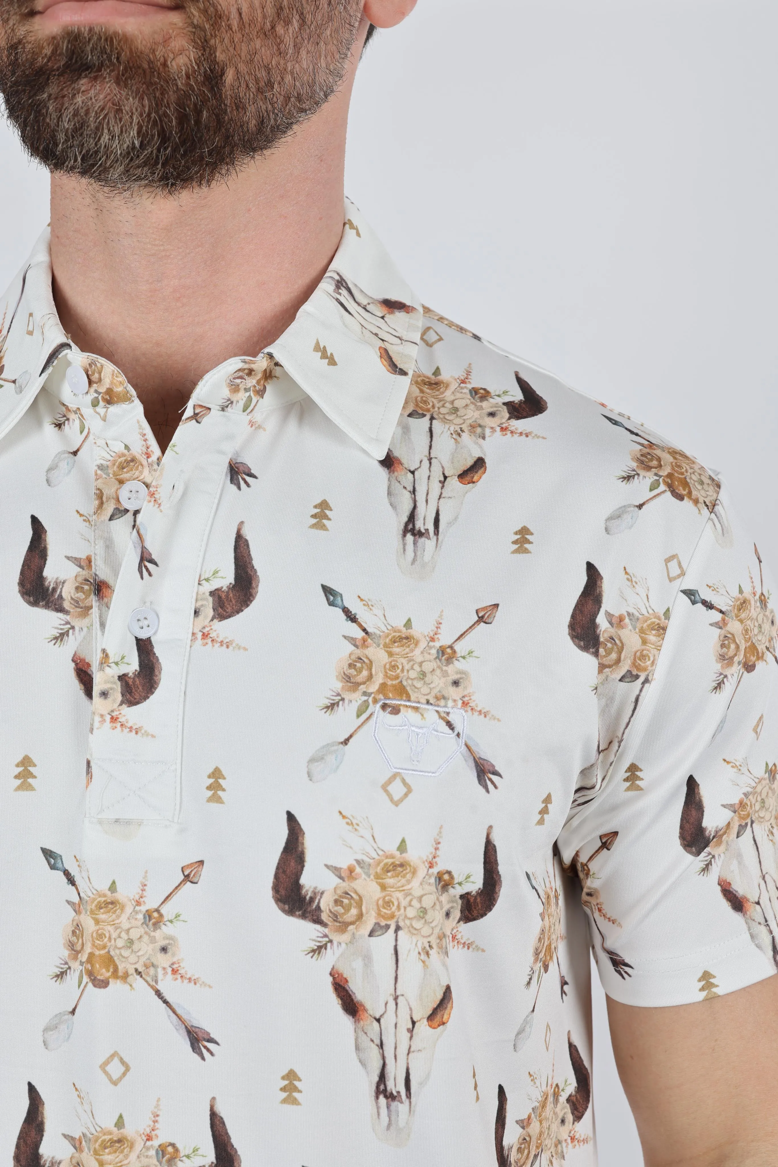 Mens Performance Fabric Modern Fit Stretch Cow Skull Print Polo from Platini Fashion