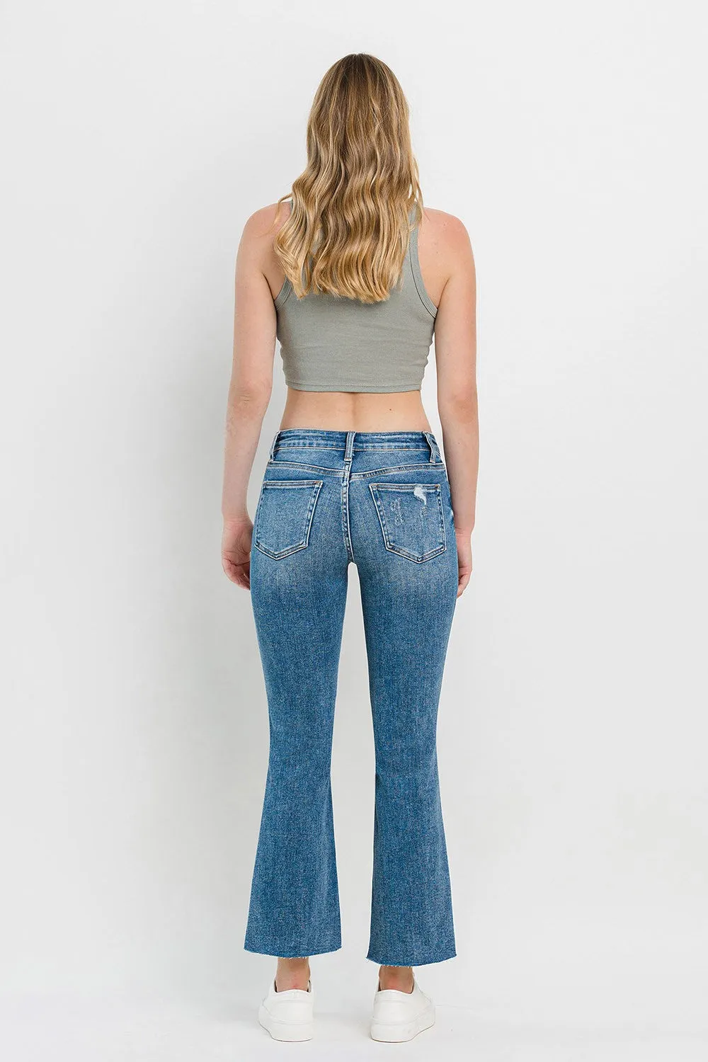 Mid Rise Distressed Cropped Flare Jeans
