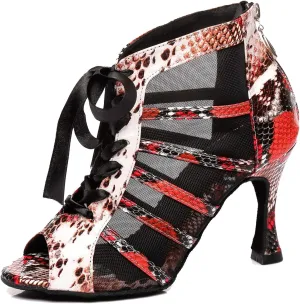 Minishion Women's Latin Salsa Ribbon Lacing Leopard Mesh Synthetic Social Dance Shoes Party Ankle Sandals