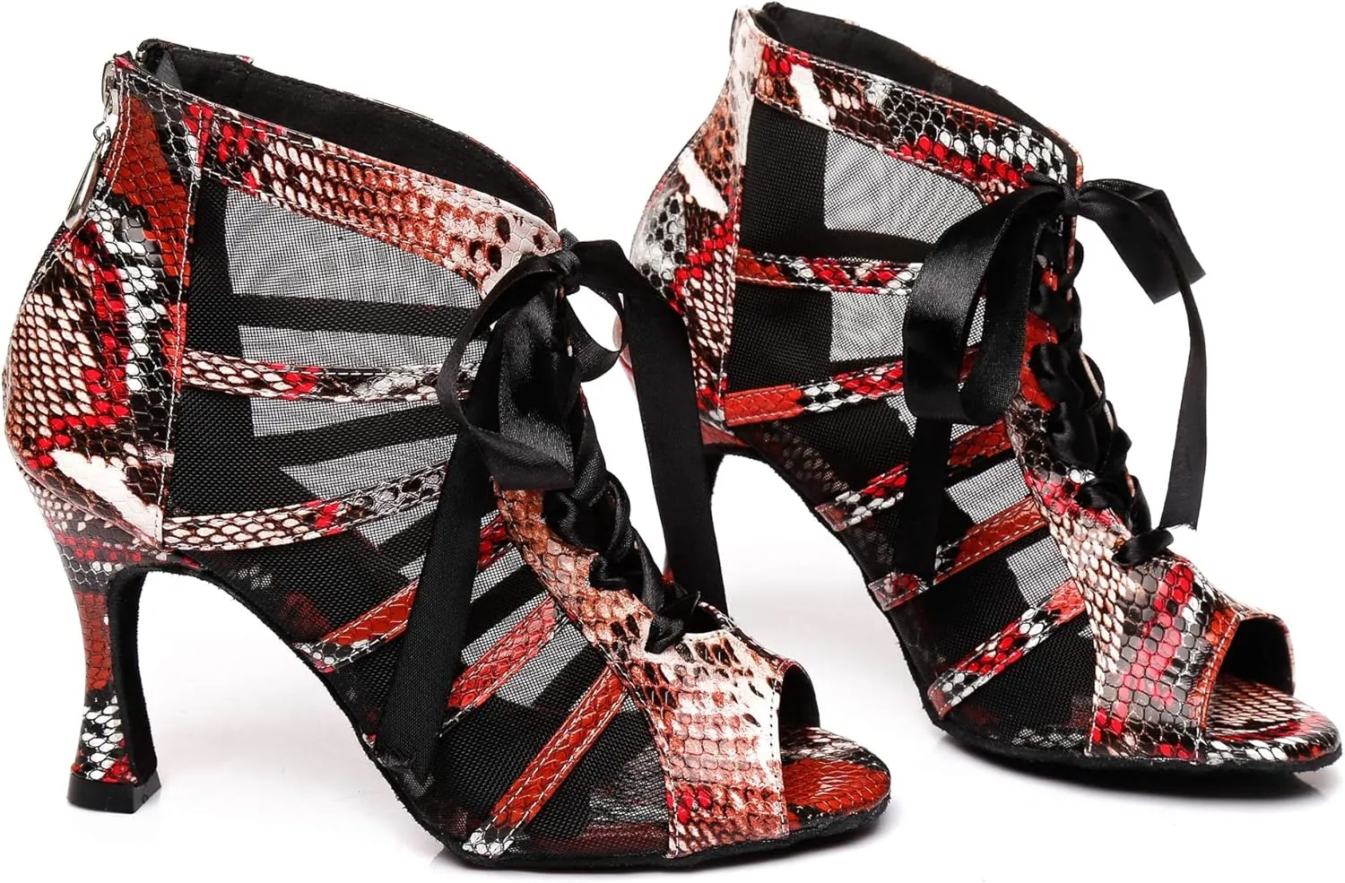 Minishion Women's Latin Salsa Ribbon Lacing Leopard Mesh Synthetic Social Dance Shoes Party Ankle Sandals