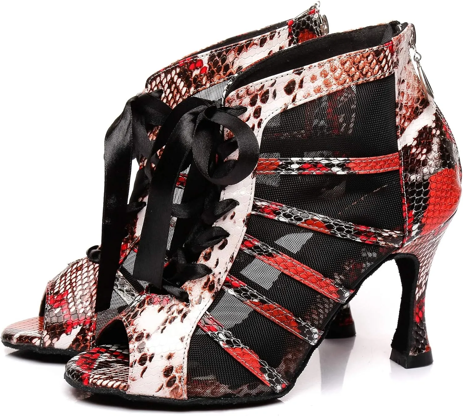 Minishion Women's Latin Salsa Ribbon Lacing Leopard Mesh Synthetic Social Dance Shoes Party Ankle Sandals