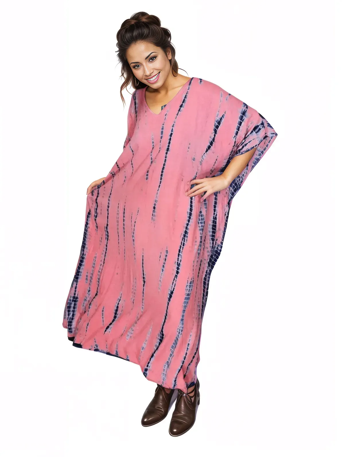 Peachy Pink Hand-Dyed Tie-Dye Maxi Kaftan Dress – Boho Chic, Flowy and Comfortable