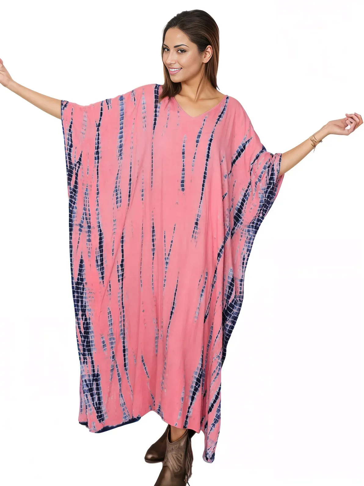 Peachy Pink Hand-Dyed Tie-Dye Maxi Kaftan Dress – Boho Chic, Flowy and Comfortable