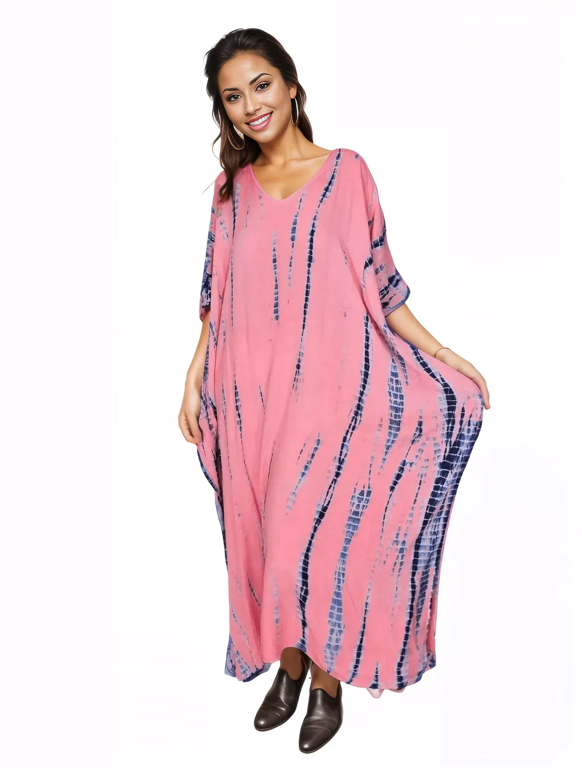 Peachy Pink Hand-Dyed Tie-Dye Maxi Kaftan Dress – Boho Chic, Flowy and Comfortable