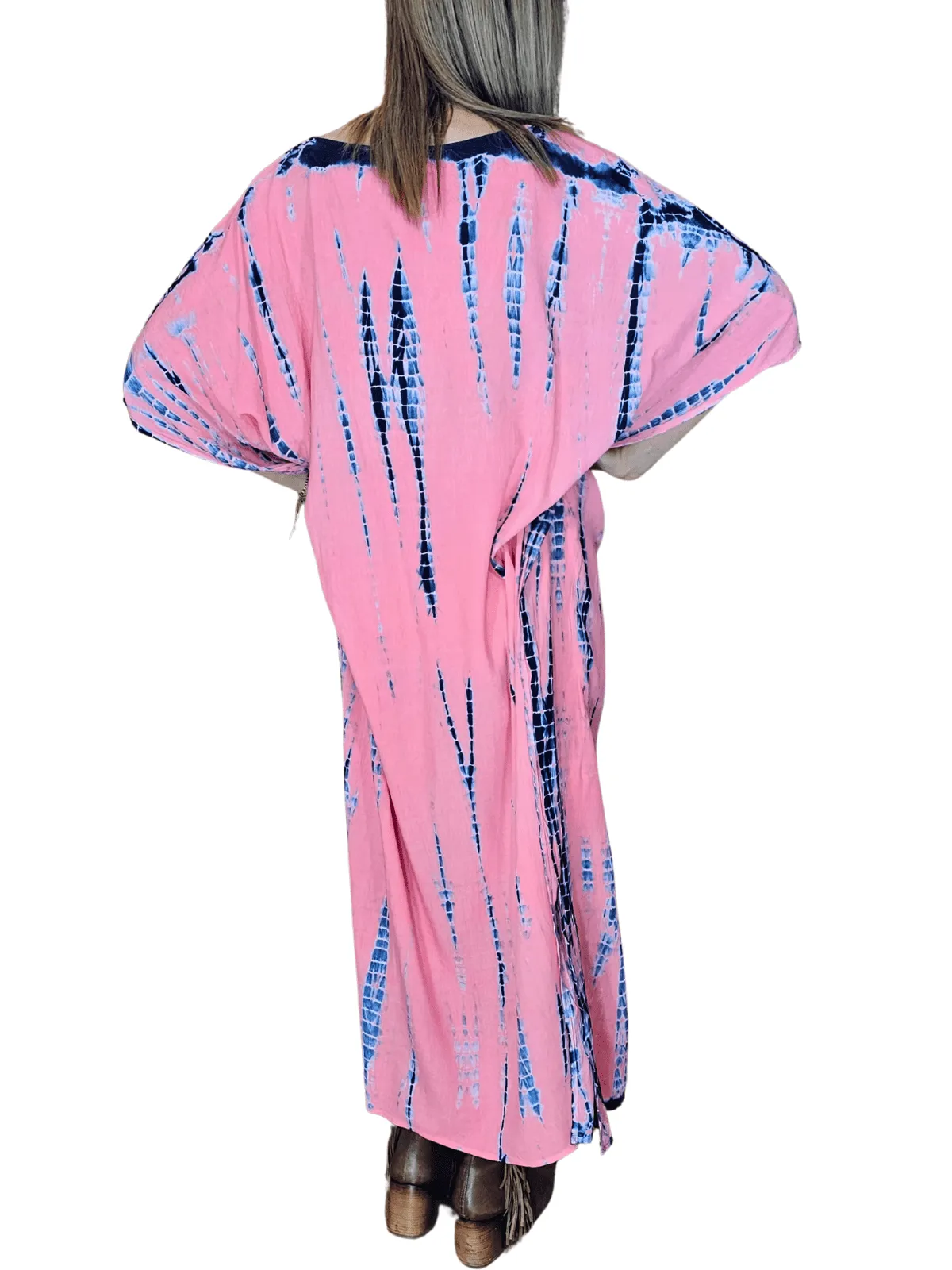 Peachy Pink Hand-Dyed Tie-Dye Maxi Kaftan Dress – Boho Chic, Flowy and Comfortable