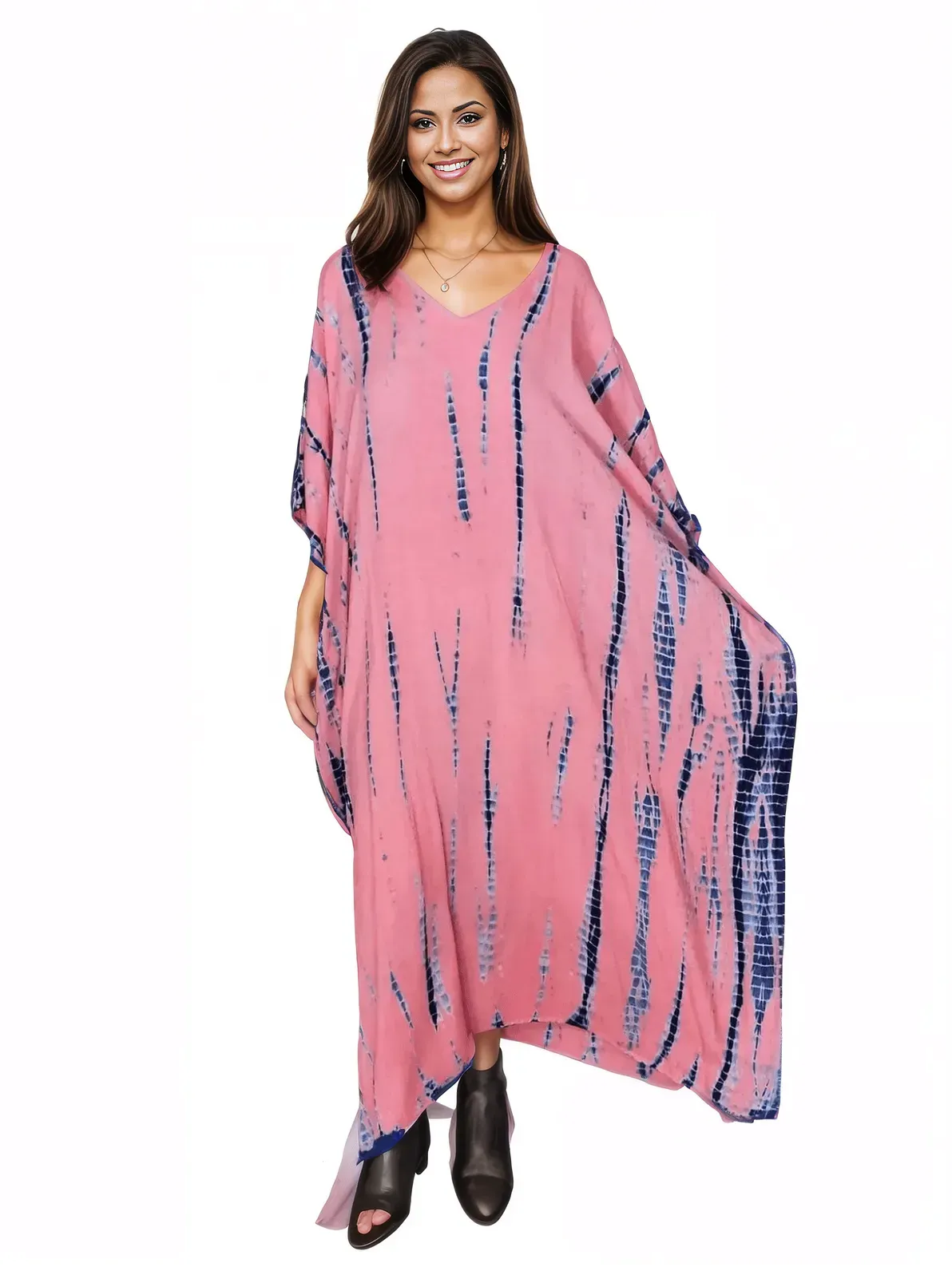 Peachy Pink Hand-Dyed Tie-Dye Maxi Kaftan Dress – Boho Chic, Flowy and Comfortable