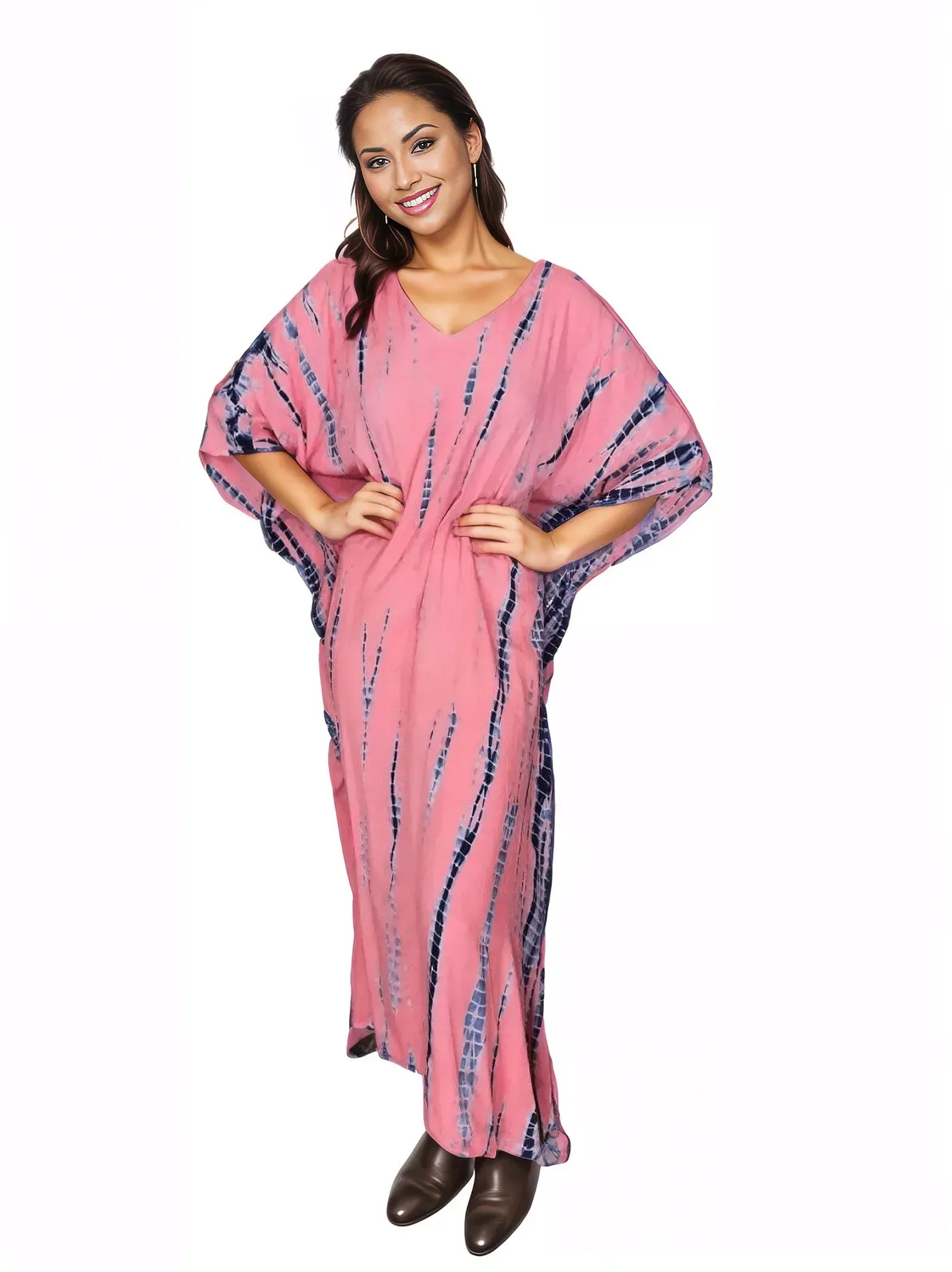 Peachy Pink Hand-Dyed Tie-Dye Maxi Kaftan Dress – Boho Chic, Flowy and Comfortable