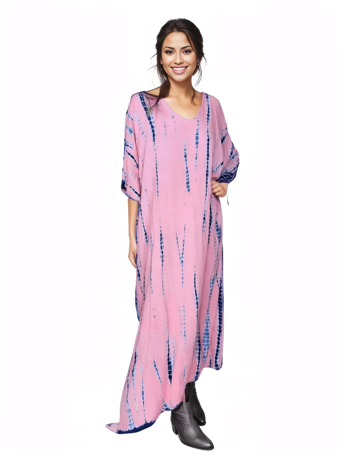 Peachy Pink Hand-Dyed Tie-Dye Maxi Kaftan Dress – Boho Chic, Flowy and Comfortable