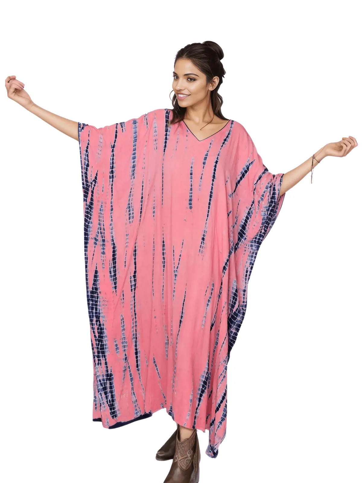 Peachy Pink Hand-Dyed Tie-Dye Maxi Kaftan Dress – Boho Chic, Flowy and Comfortable