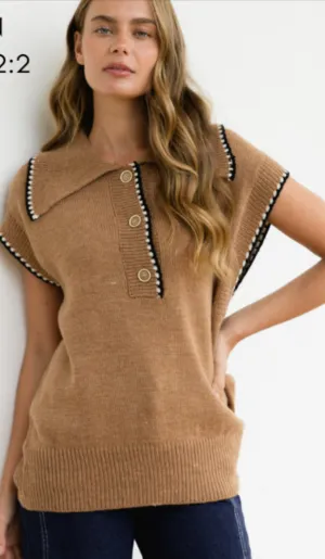 Pearl Trim Knit Vest- Tan