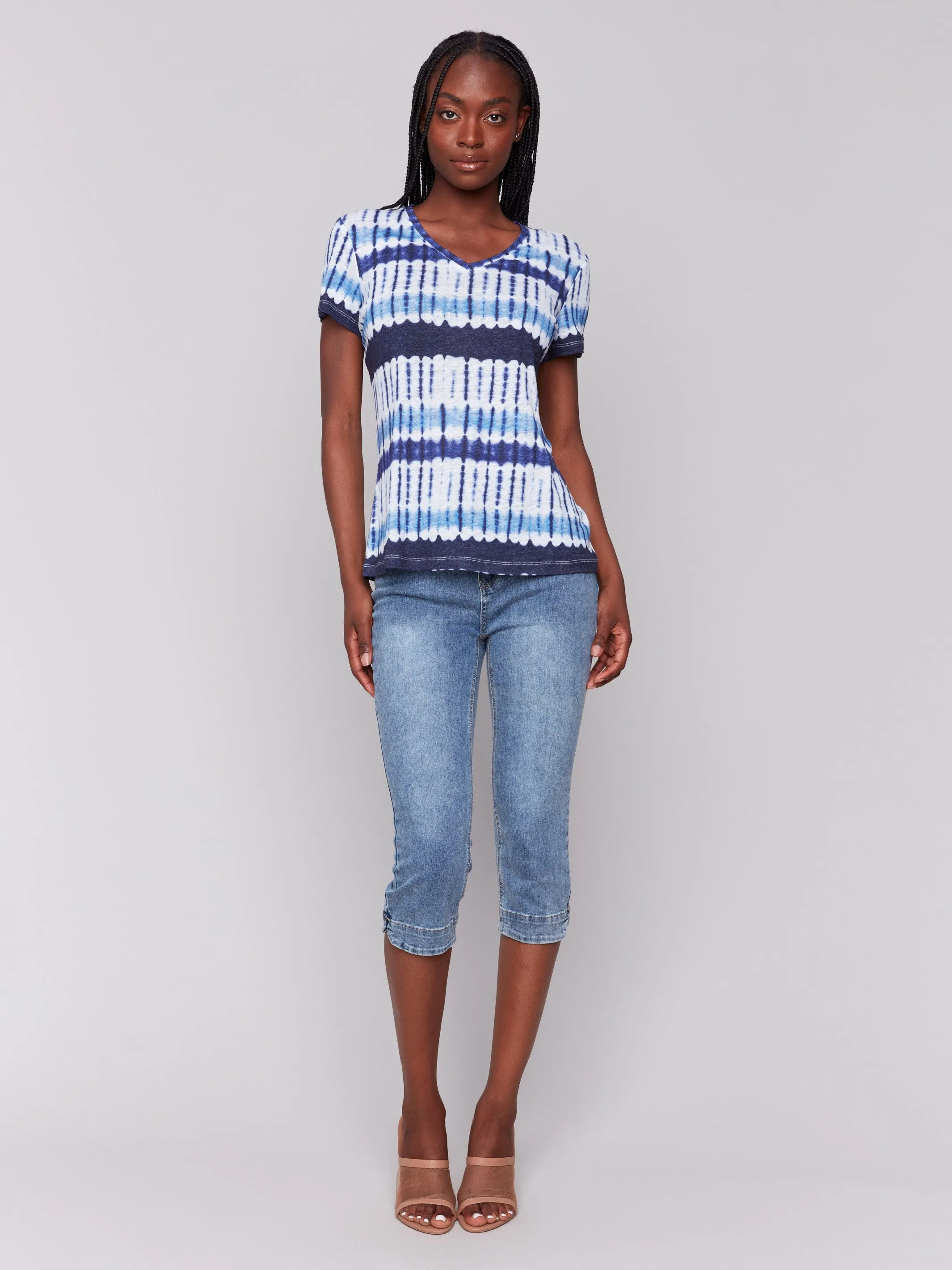 Printed Linen Blend V-Neck T-Shirt - Riviera