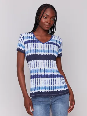 Printed Linen Blend V-Neck T-Shirt - Riviera