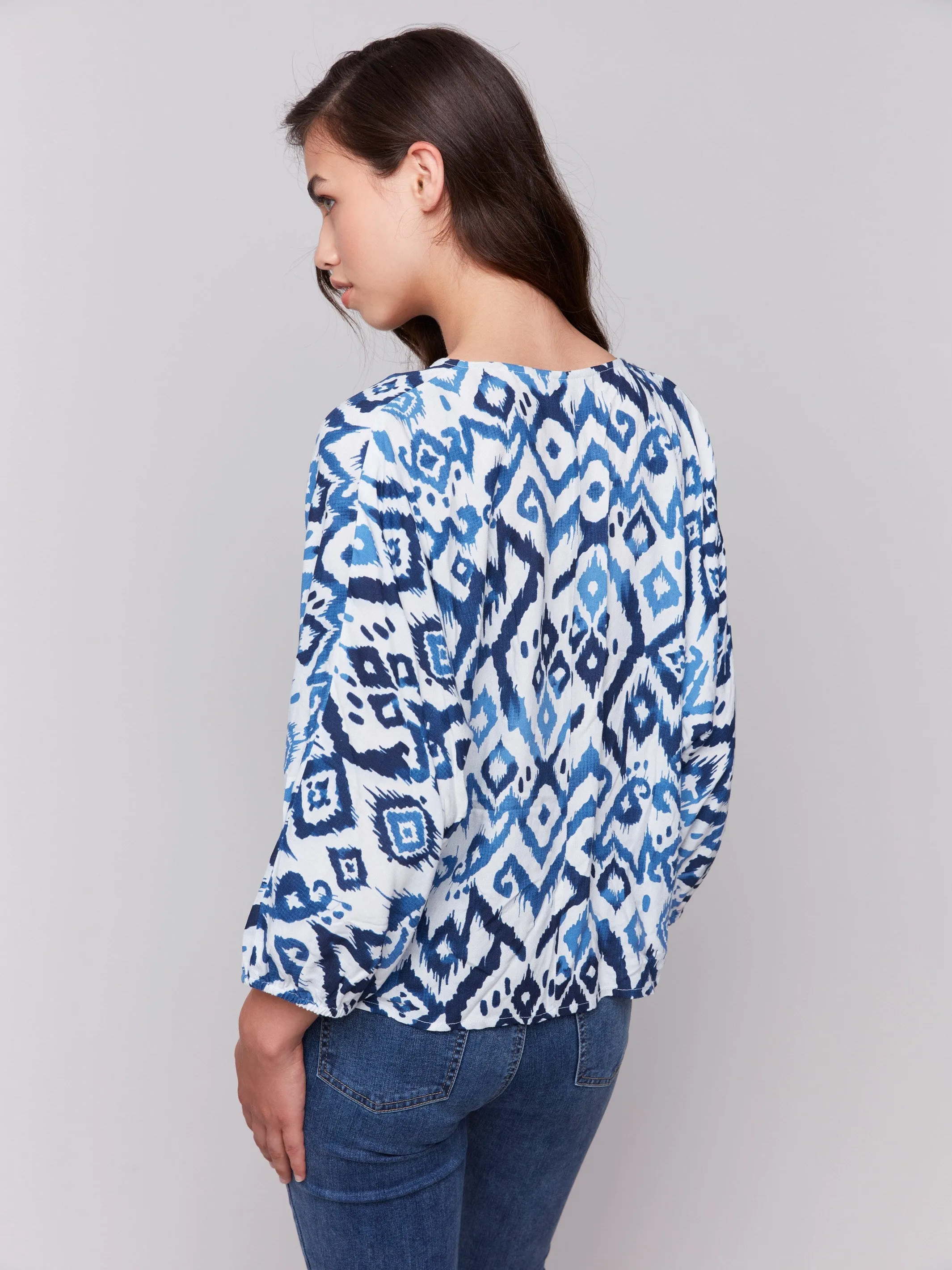 Printed Popover Blouse with Front Tie - Ikat