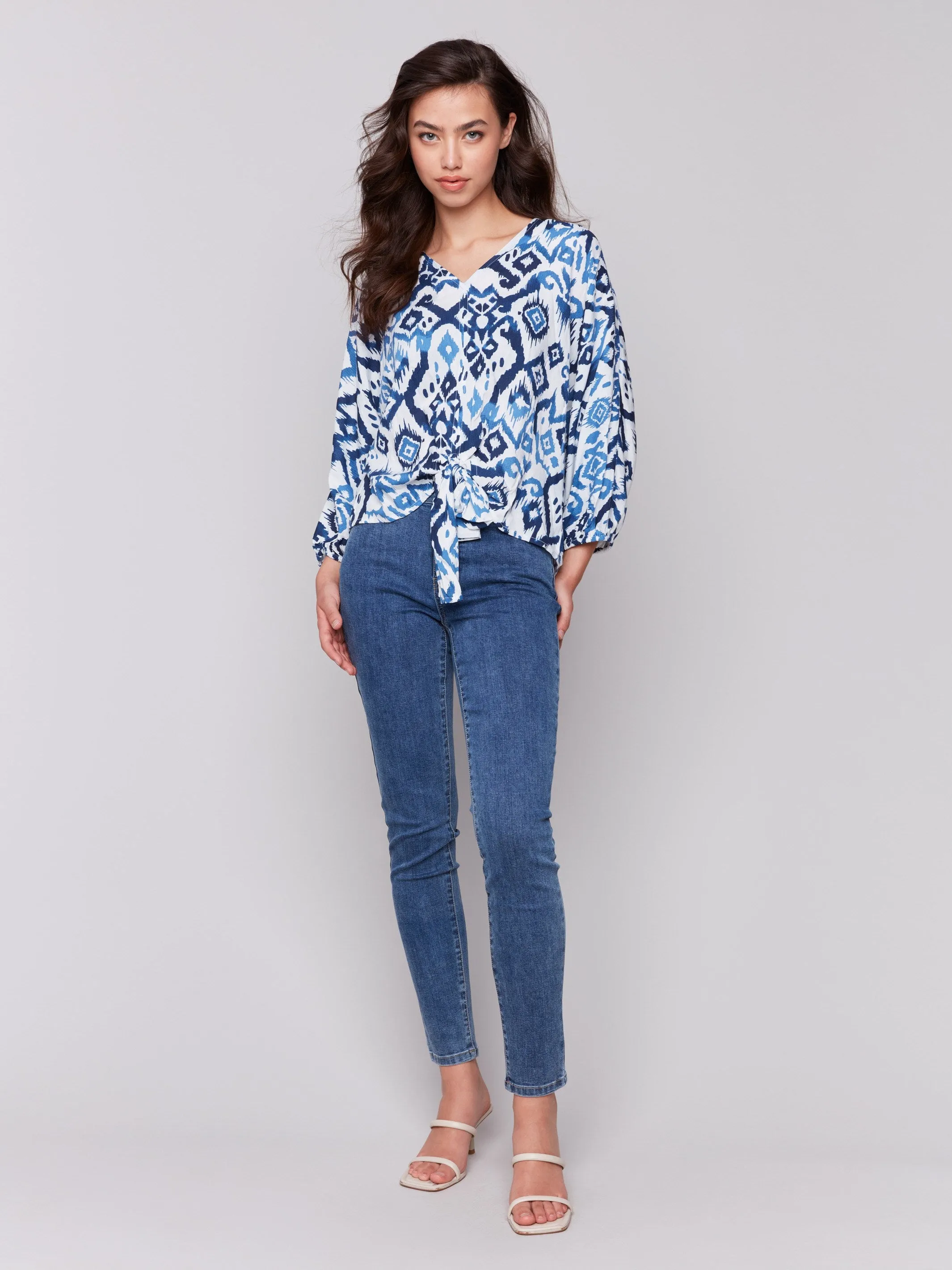 Printed Popover Blouse with Front Tie - Ikat