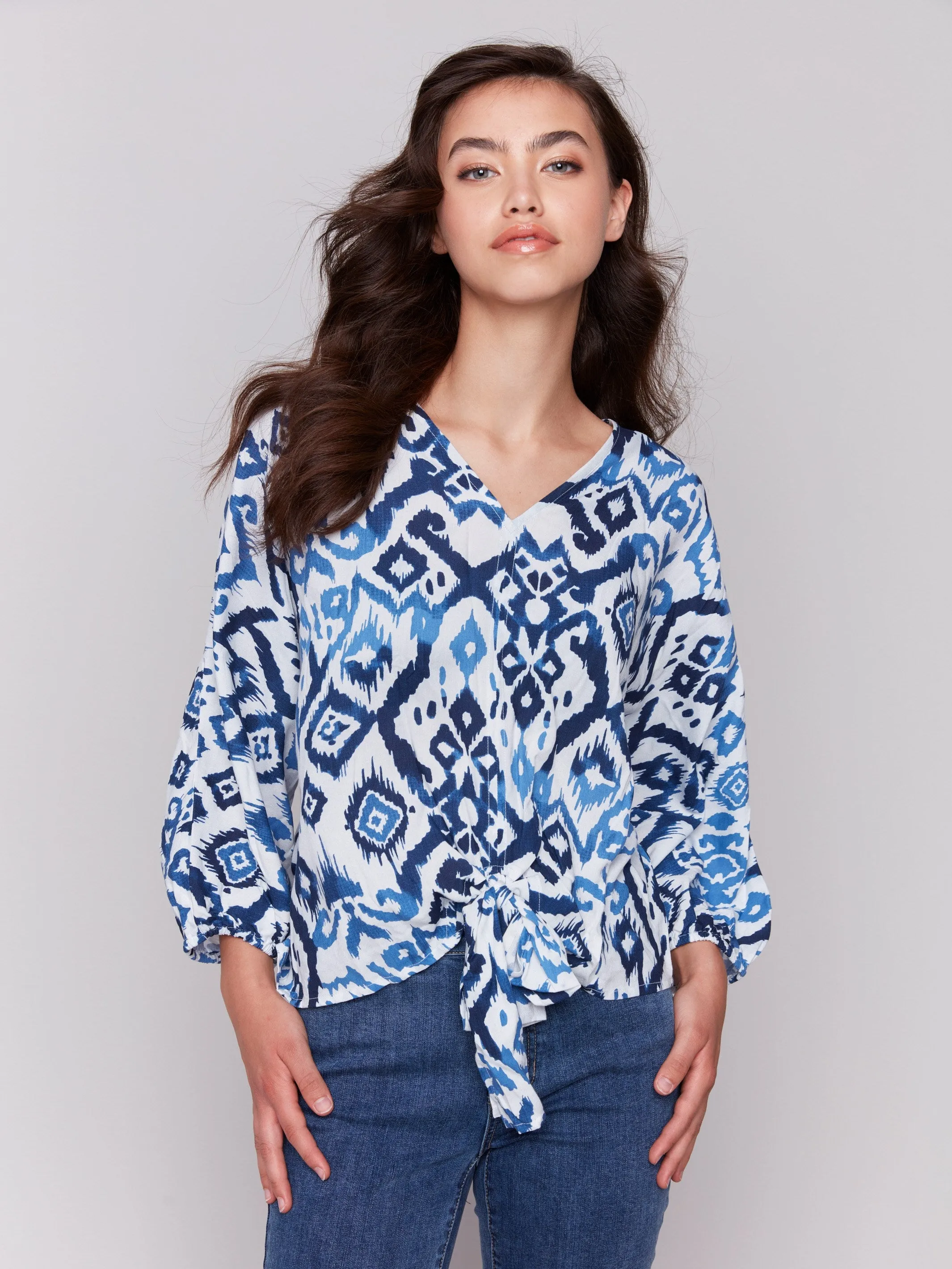 Printed Popover Blouse with Front Tie - Ikat