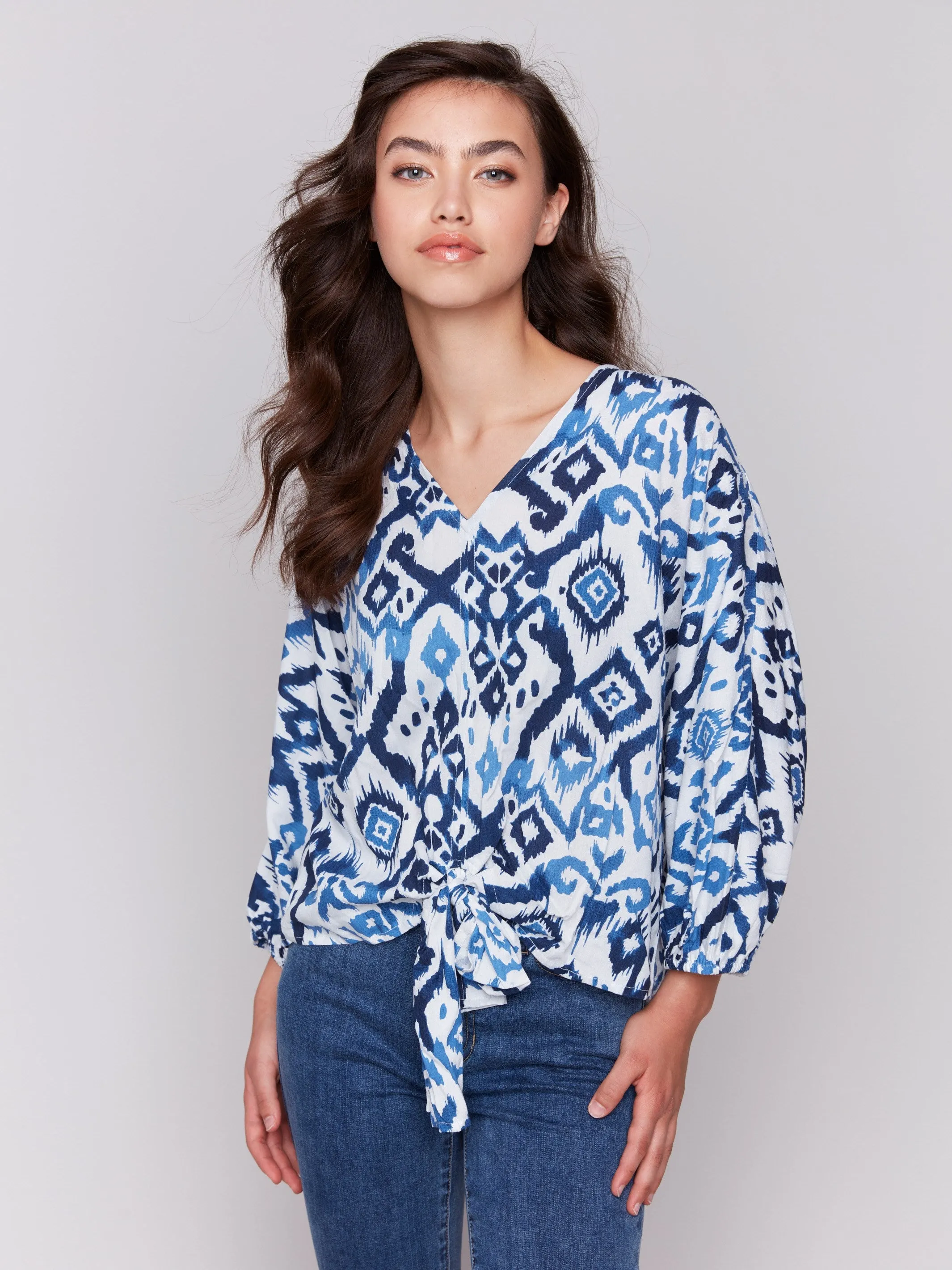 Printed Popover Blouse with Front Tie - Ikat