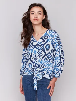 Printed Popover Blouse with Front Tie - Ikat