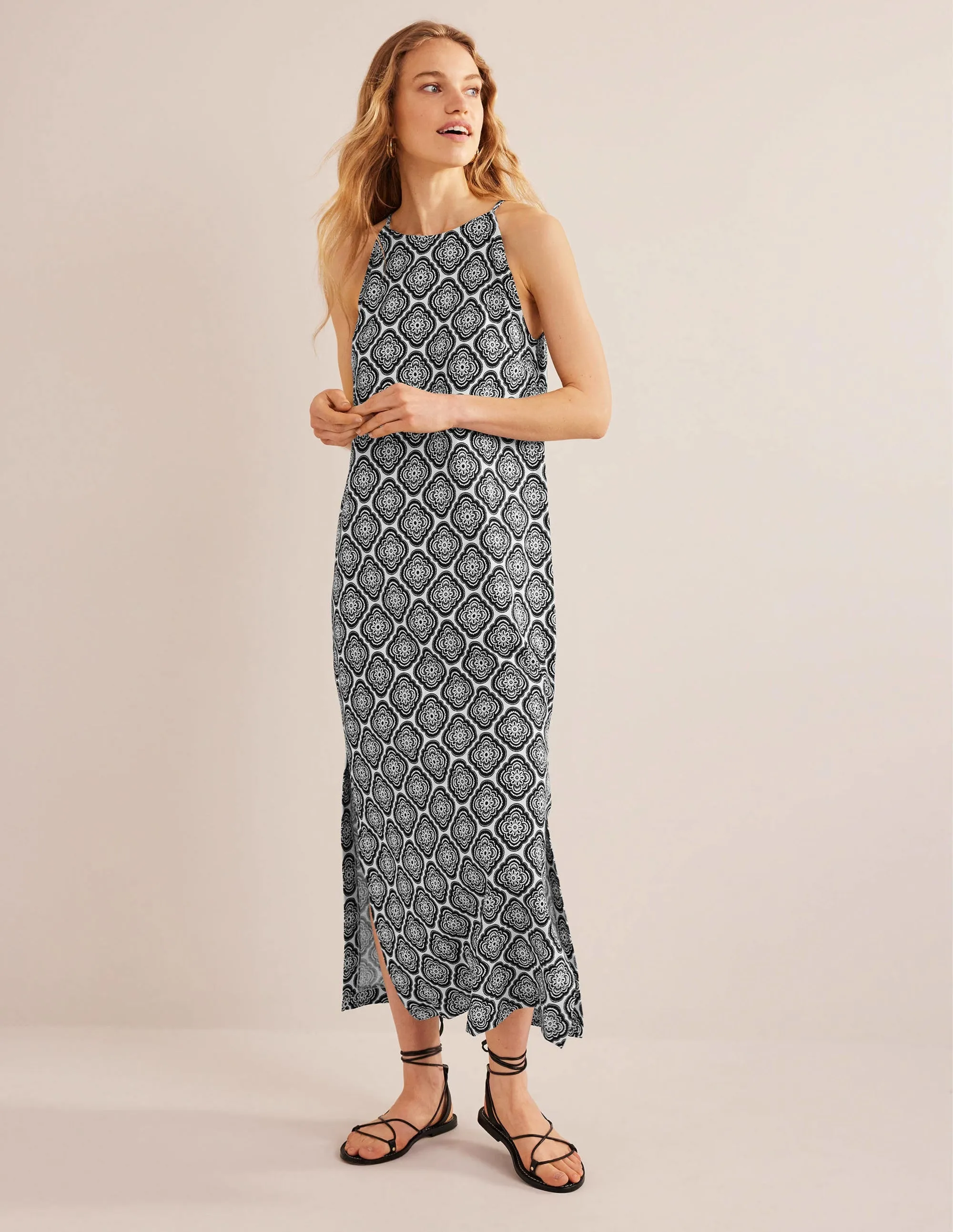 Racer Neck Jersey Midi Dress-Black, Botanic Blush