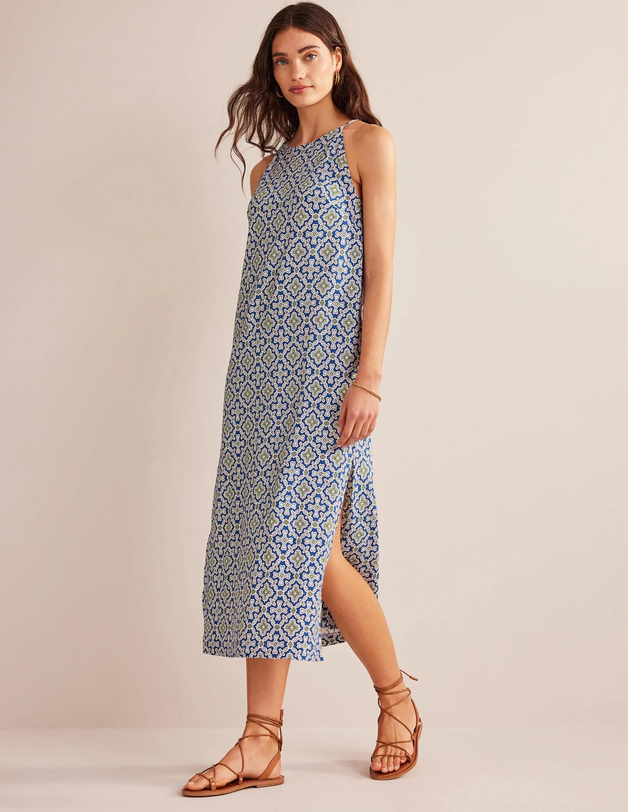 Racer Neck Jersey Midi Dress-Blue Heron, Flora Tile