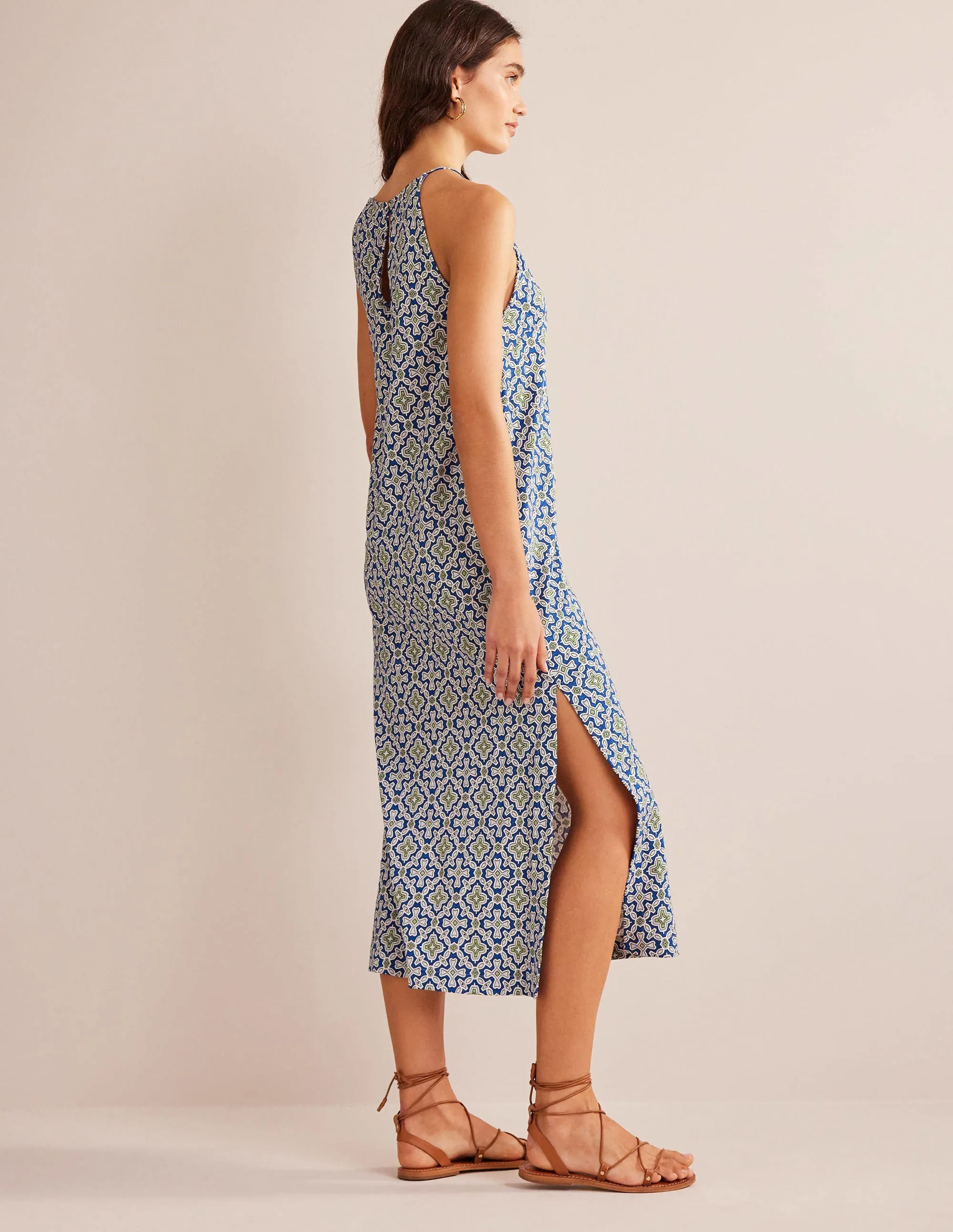 Racer Neck Jersey Midi Dress-Blue Heron, Flora Tile