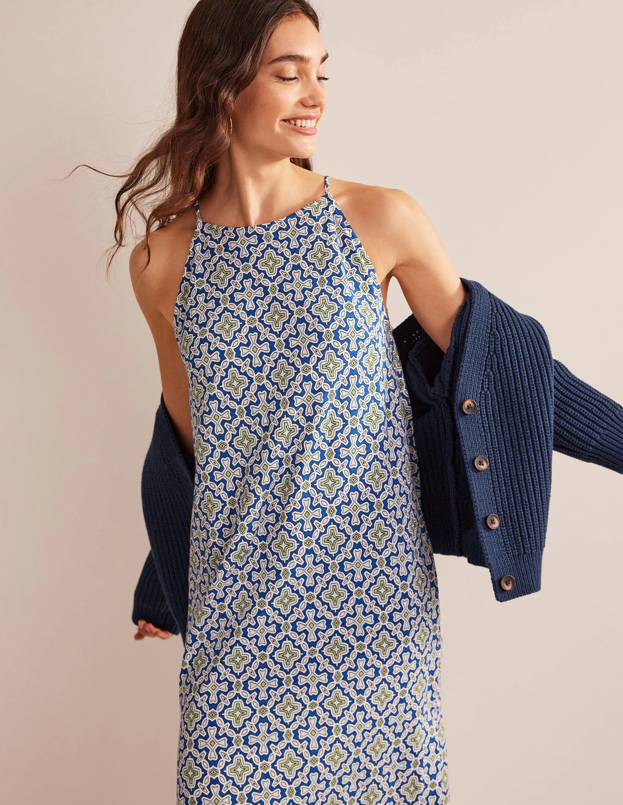 Racer Neck Jersey Midi Dress-Blue Heron, Flora Tile
