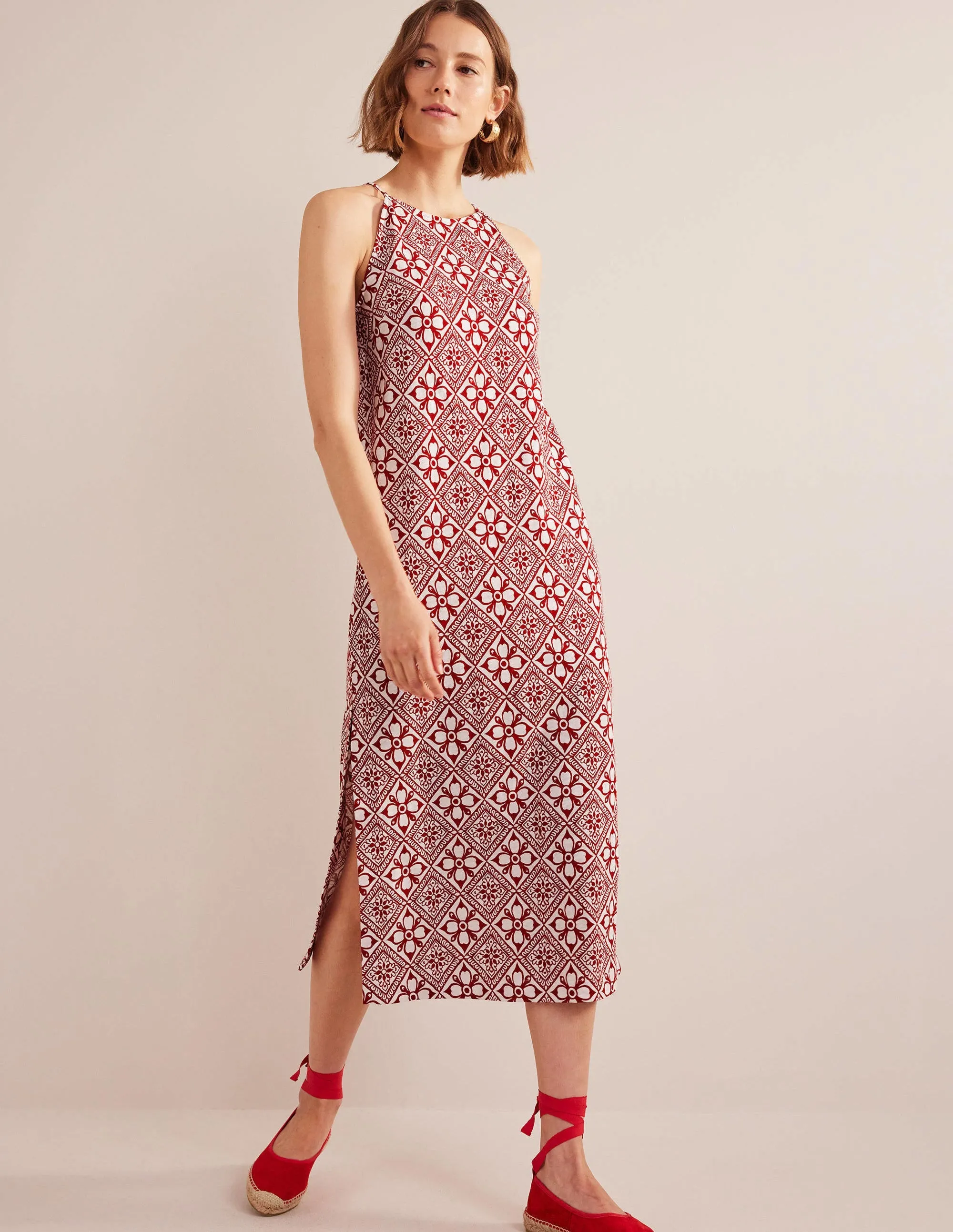 Racer Neck Jersey Midi Dress-Poinsettia, Block Pome