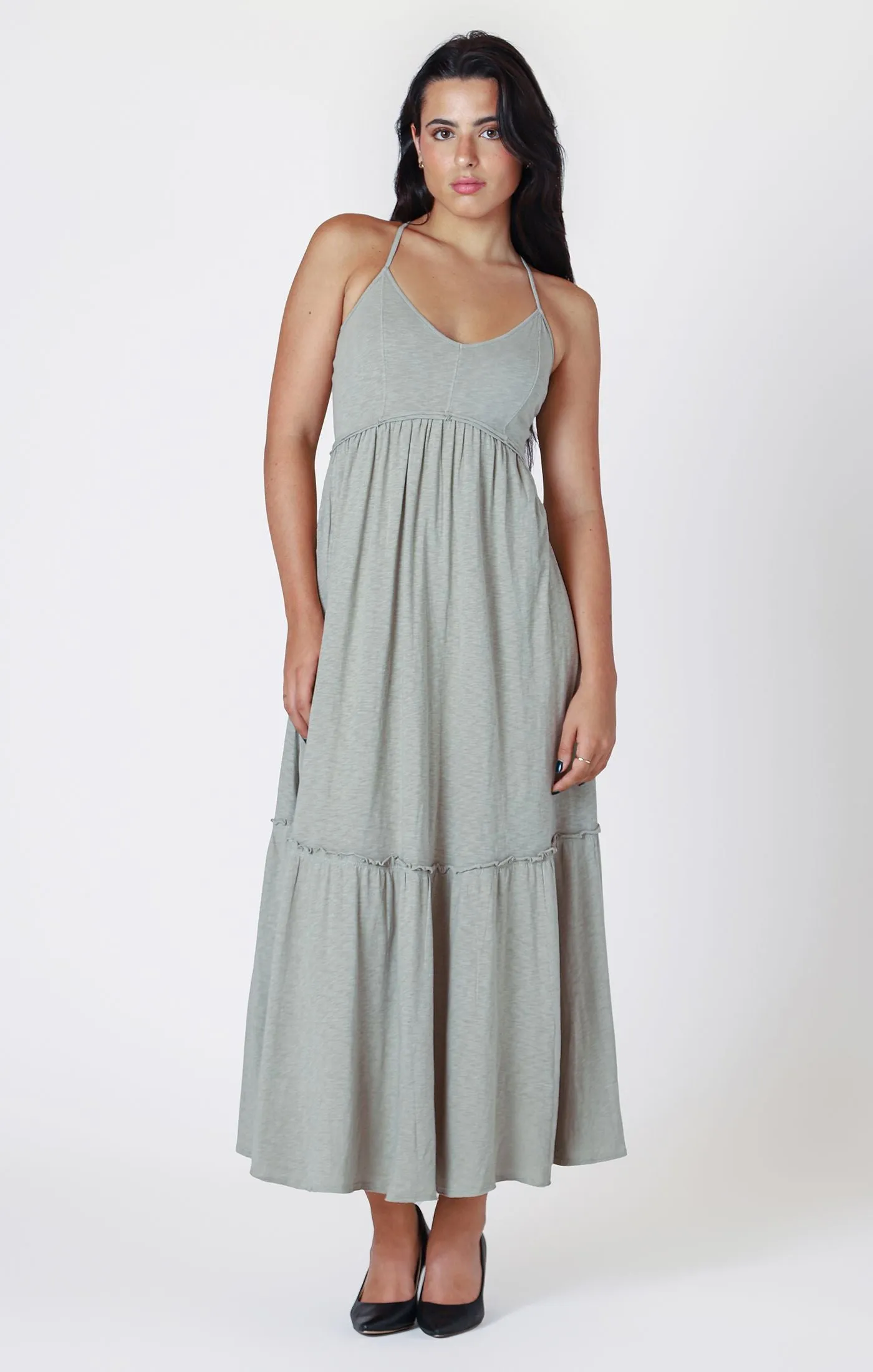 Raw Edge Tiered Maxi Dress - Sage
