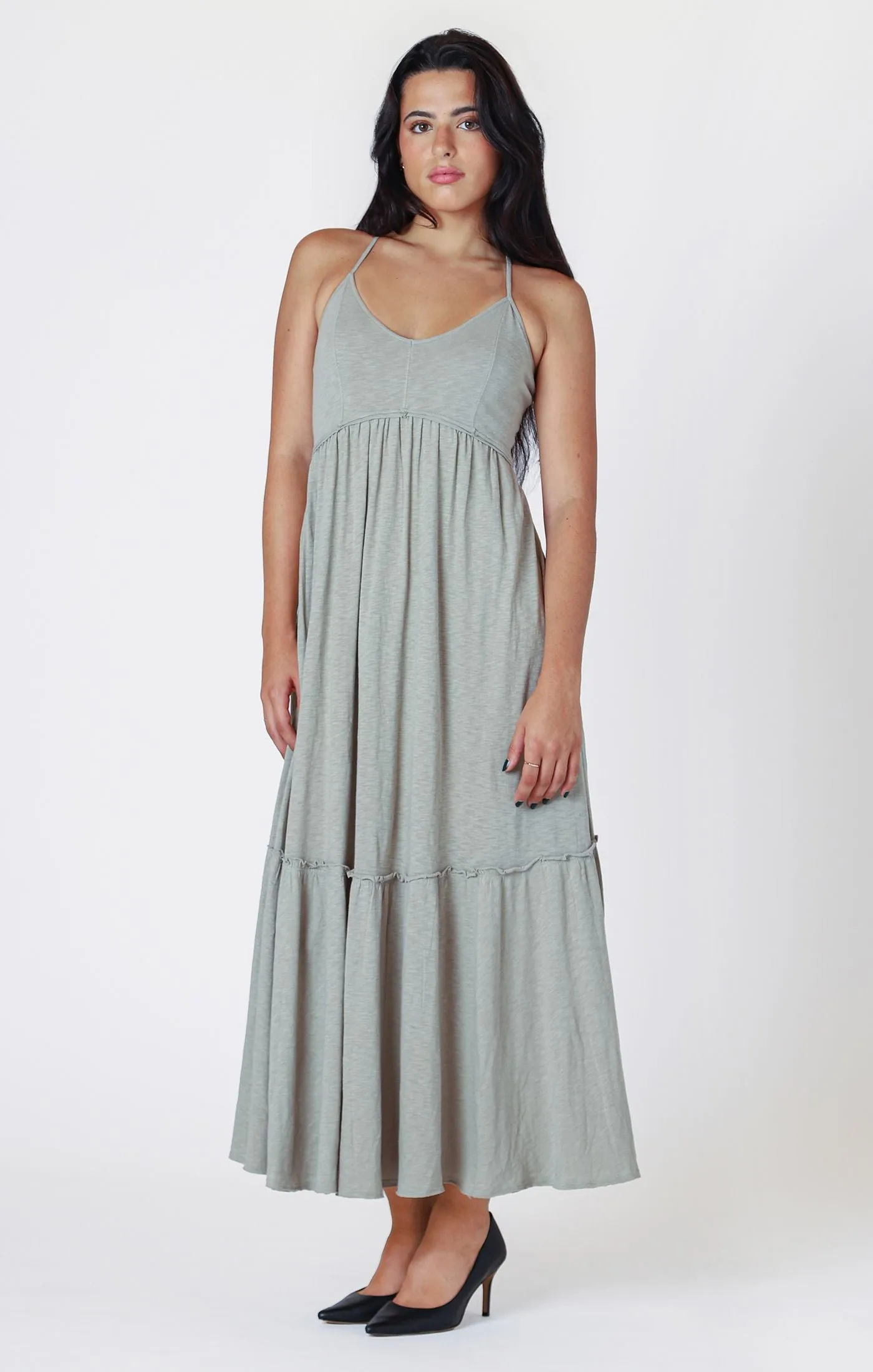 Raw Edge Tiered Maxi Dress - Sage