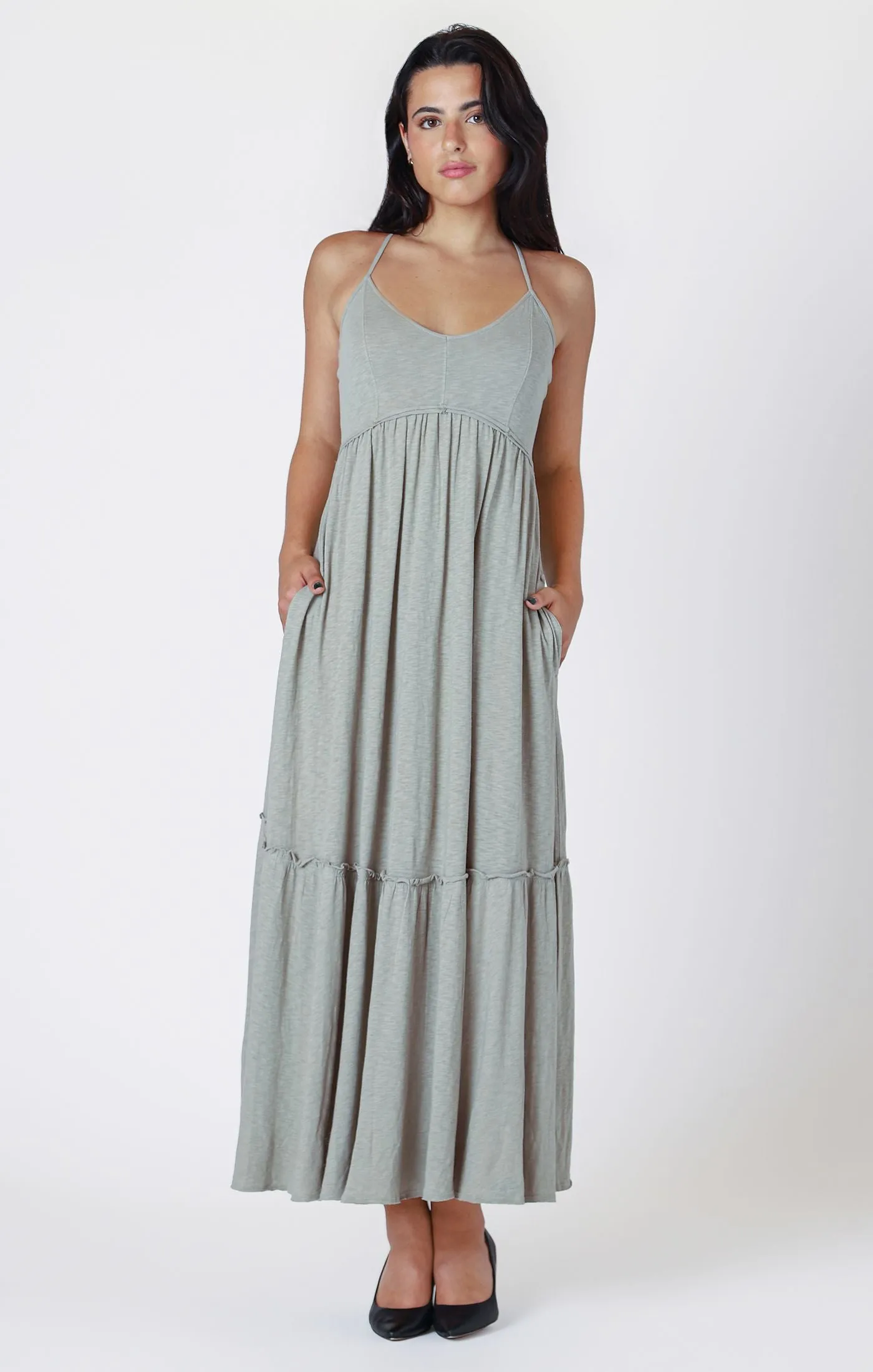 Raw Edge Tiered Maxi Dress - Sage
