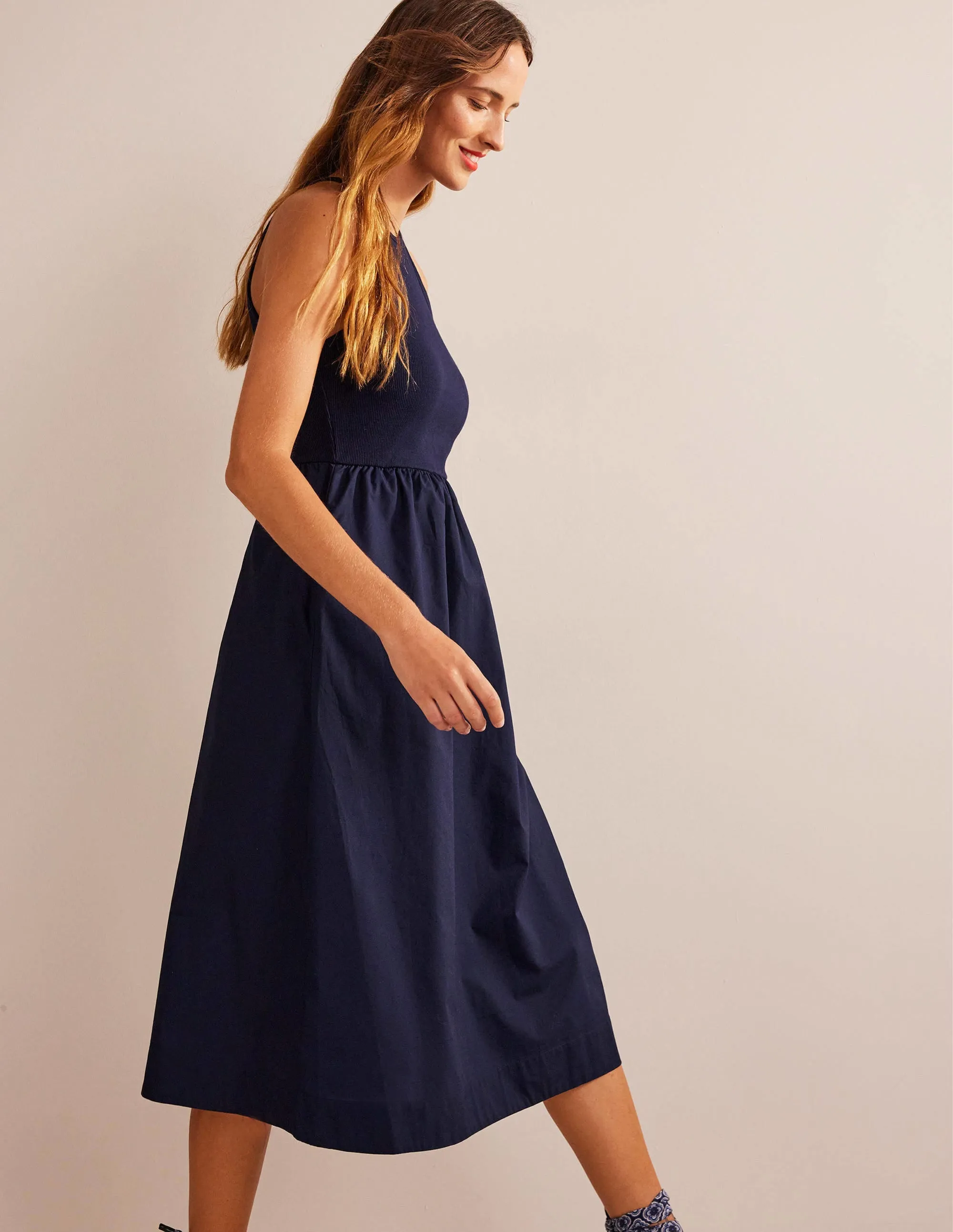 Ribbed Halterneck Midi Dress-Navy