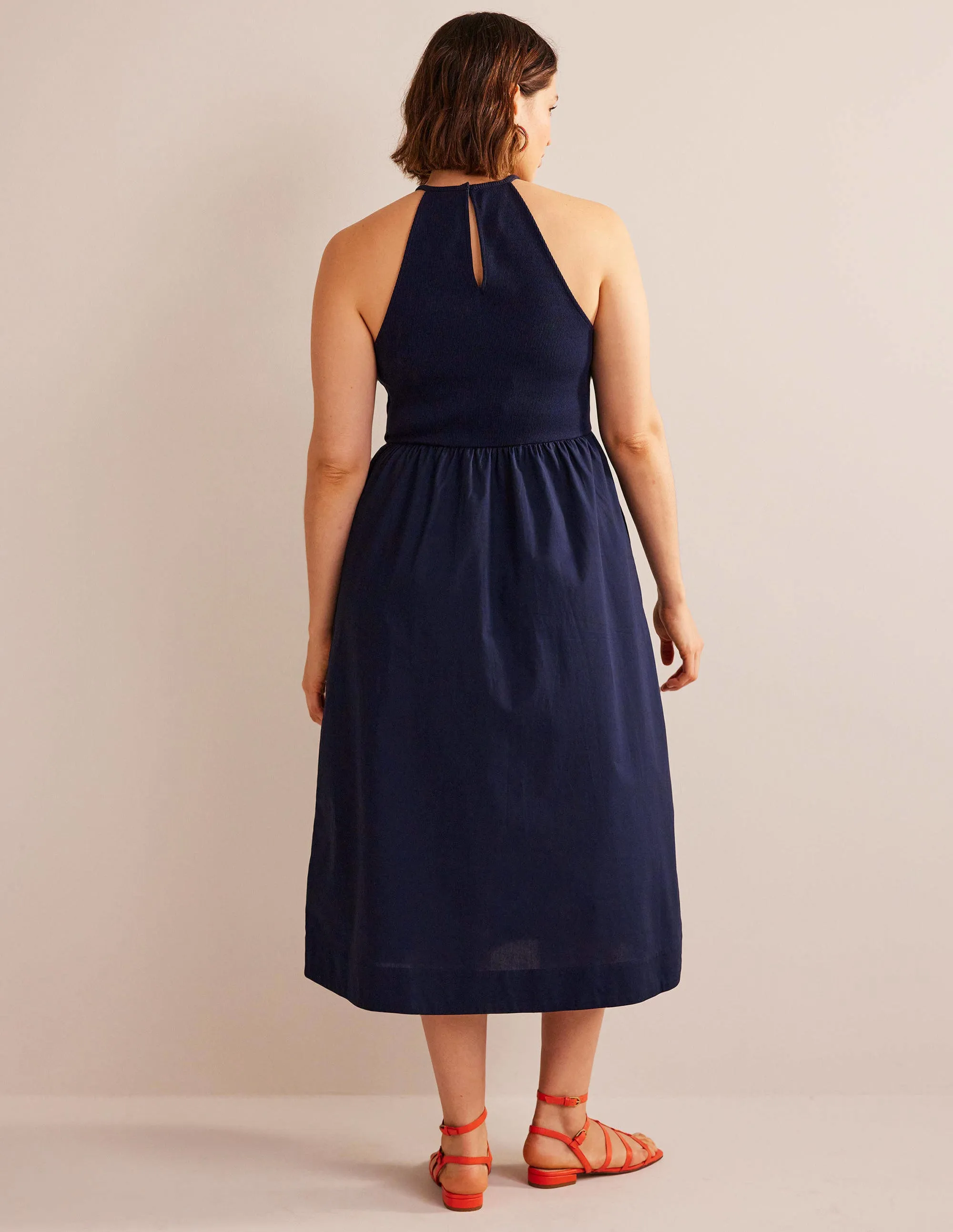 Ribbed Halterneck Midi Dress-Navy
