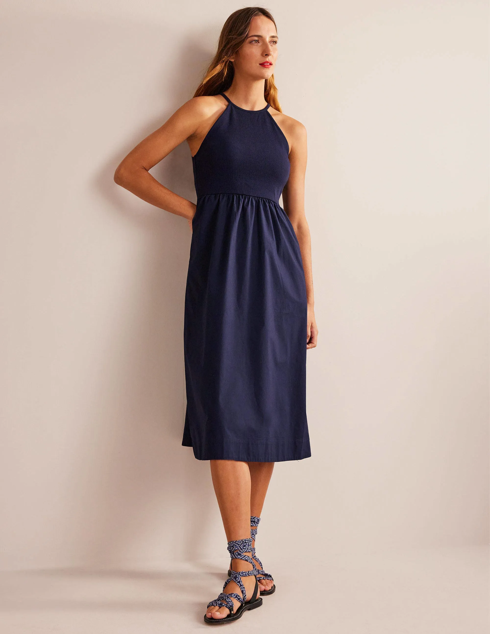 Ribbed Halterneck Midi Dress-Navy
