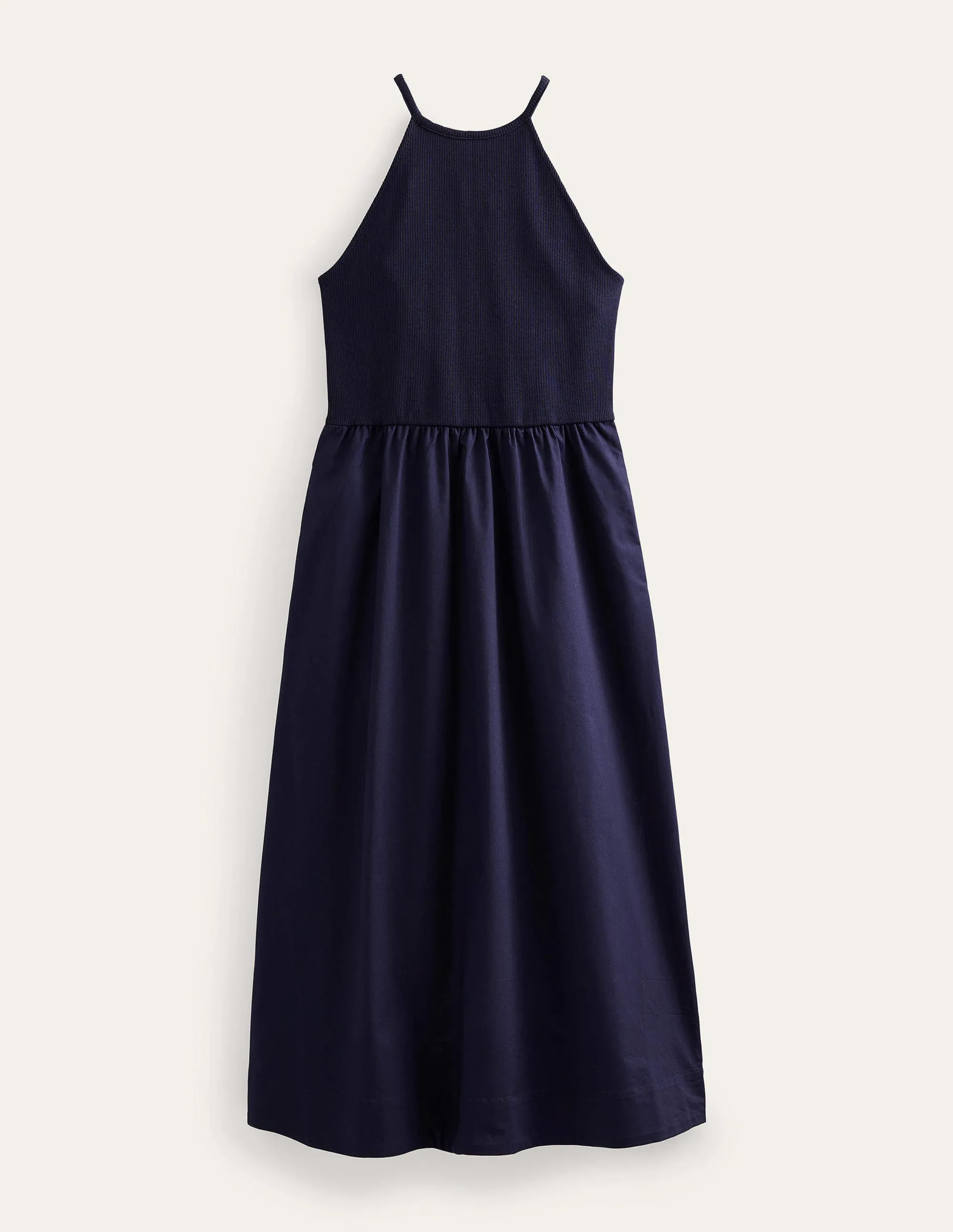 Ribbed Halterneck Midi Dress-Navy