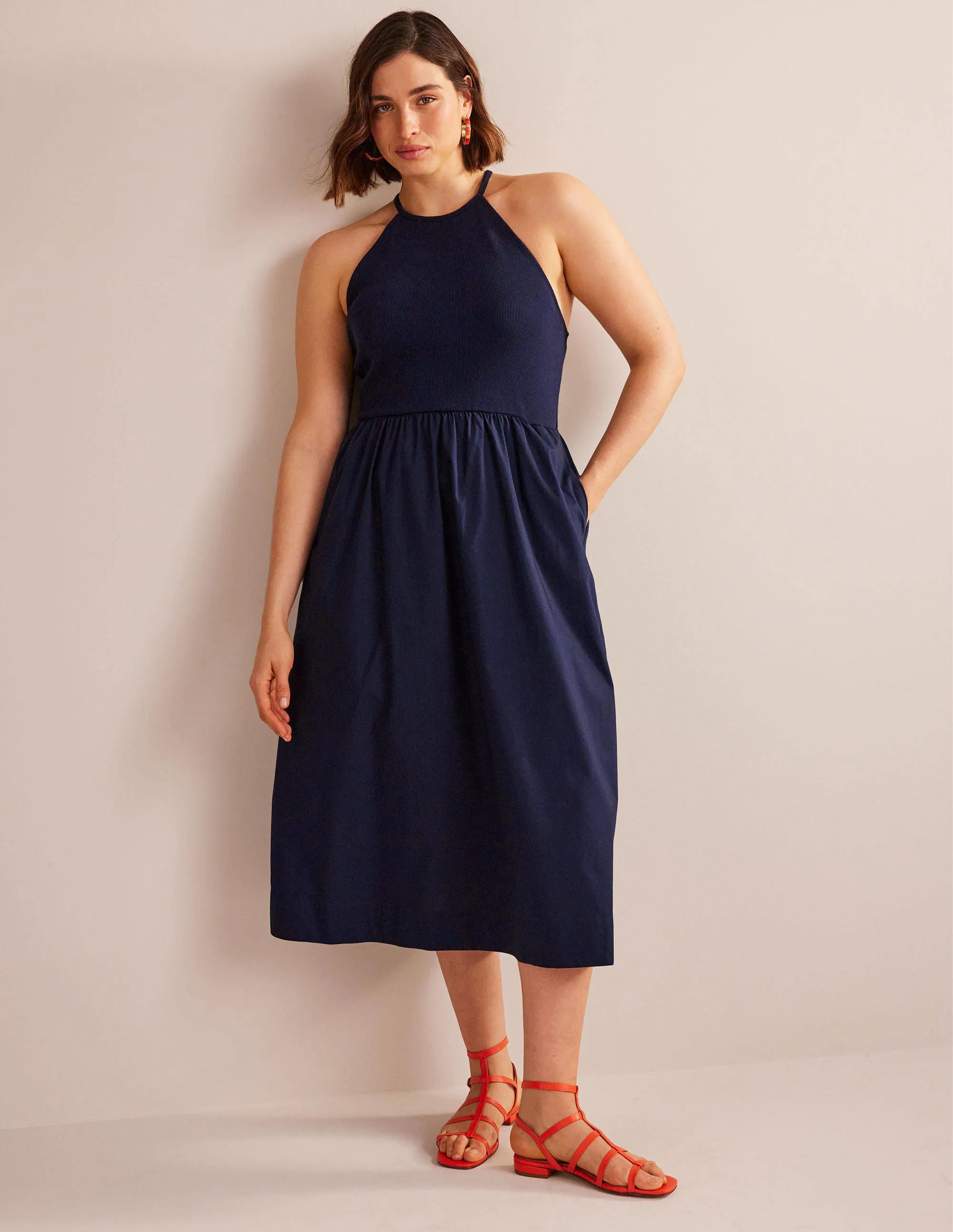 Ribbed Halterneck Midi Dress-Navy