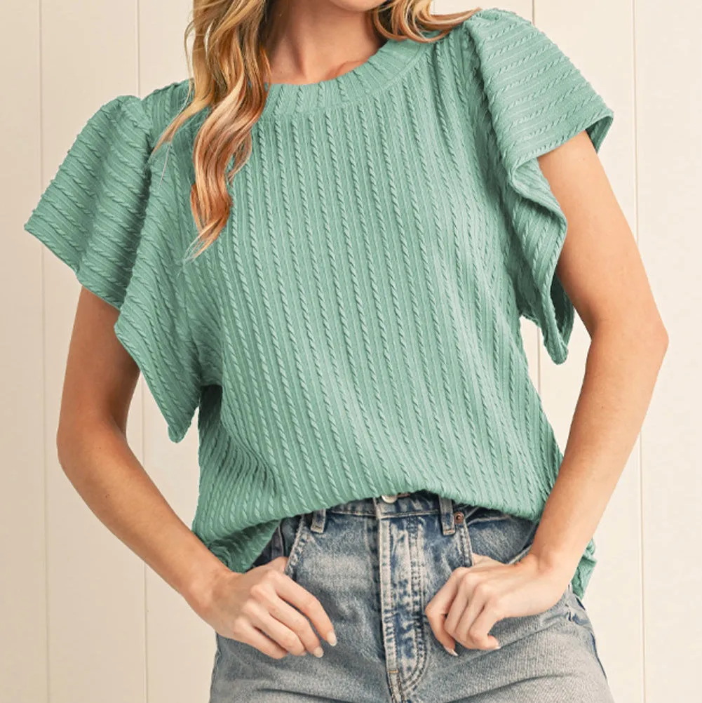Ribbed Knit Ruffle Sleeve Top