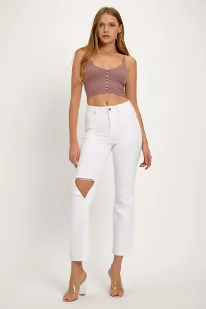 RISEN Distressed Cropped Straight Jeans in White