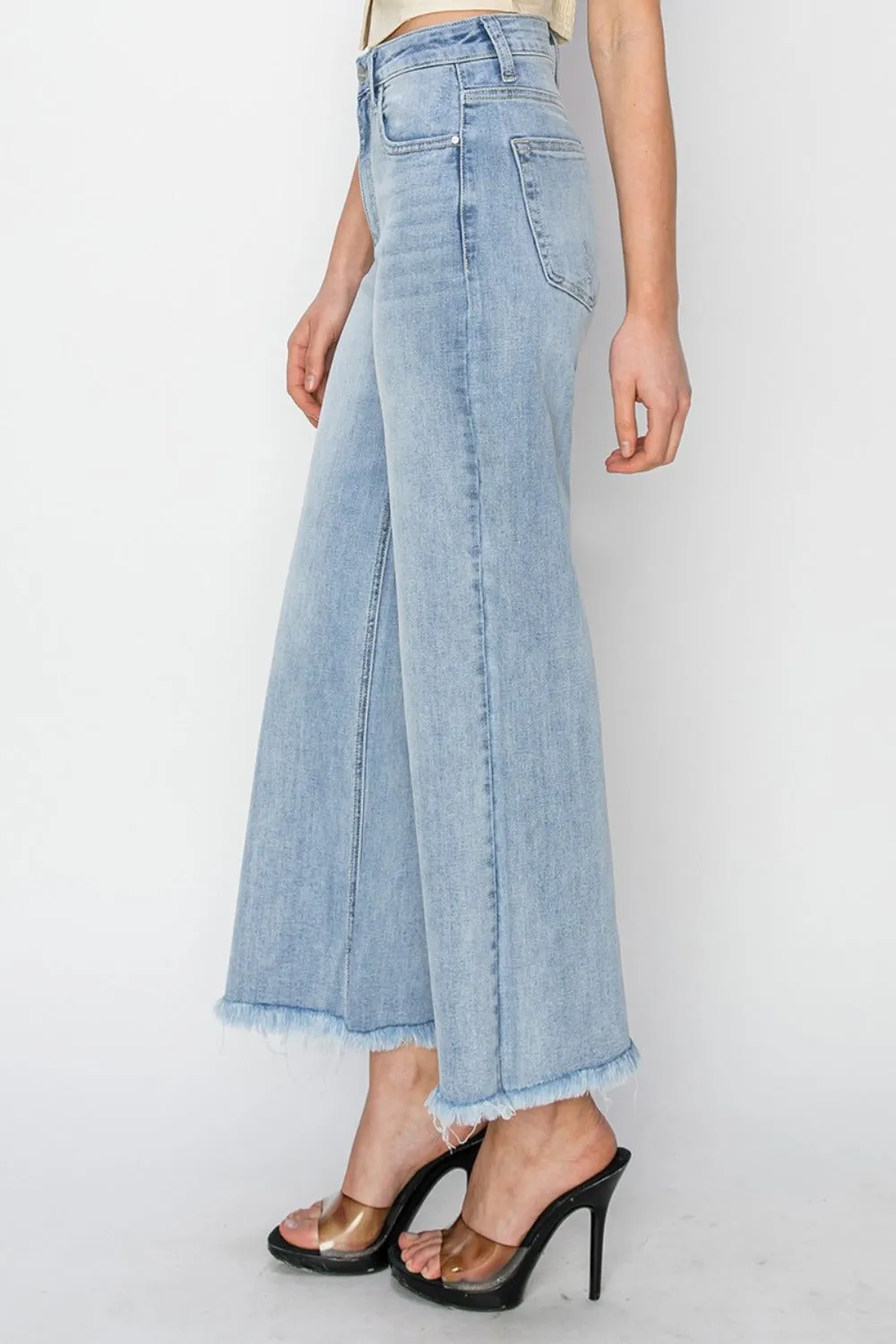 RISEN High Rise Frayed Hem Cropped Wide Leg Blue Denim Jeans