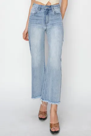 RISEN High Rise Frayed Hem Cropped Wide Leg Blue Denim Jeans