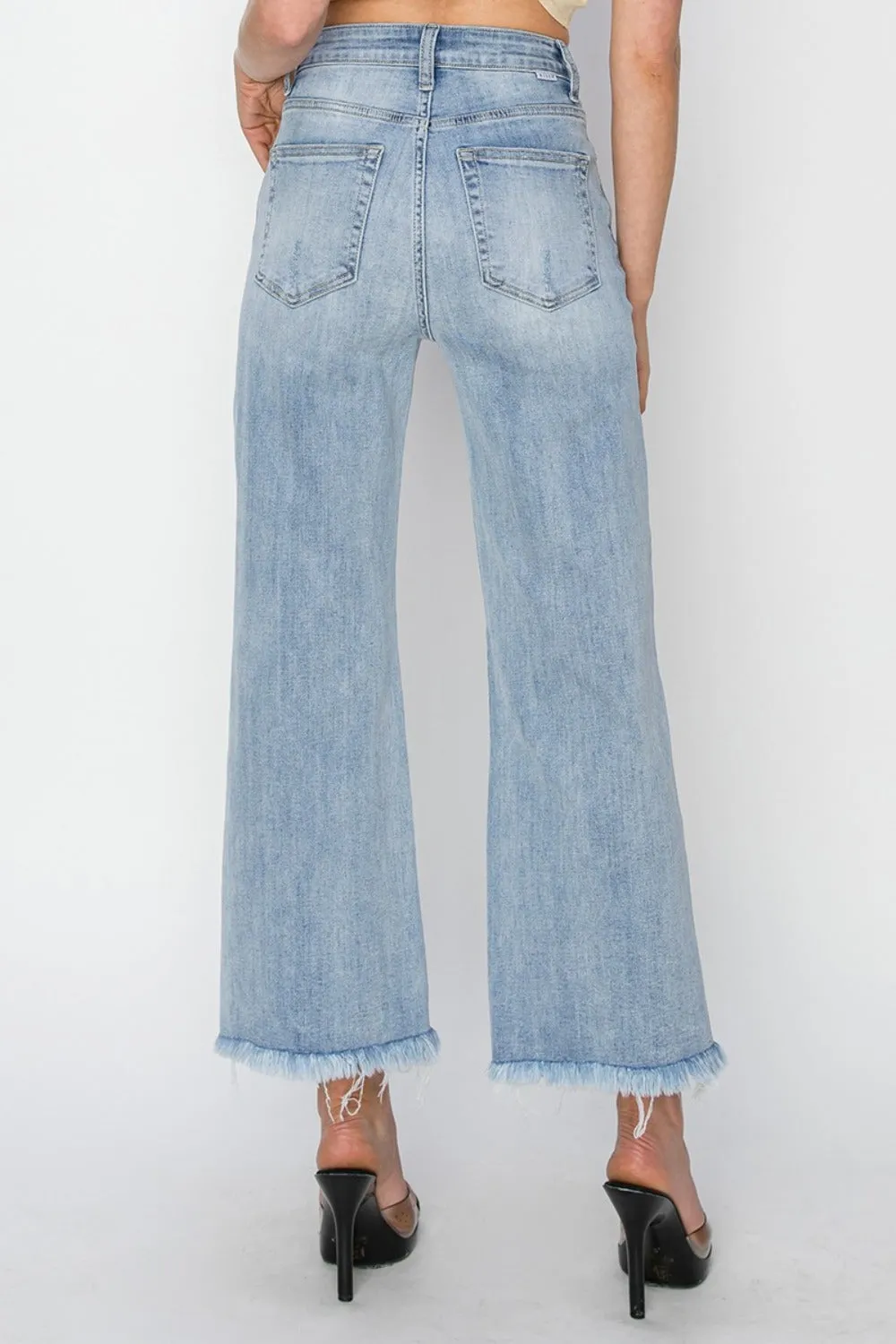 RISEN High Rise Frayed Hem Cropped Wide Leg Blue Denim Jeans